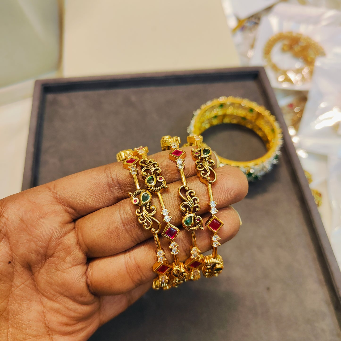 Cz stone gold antique finish bangles premium quality set of 4