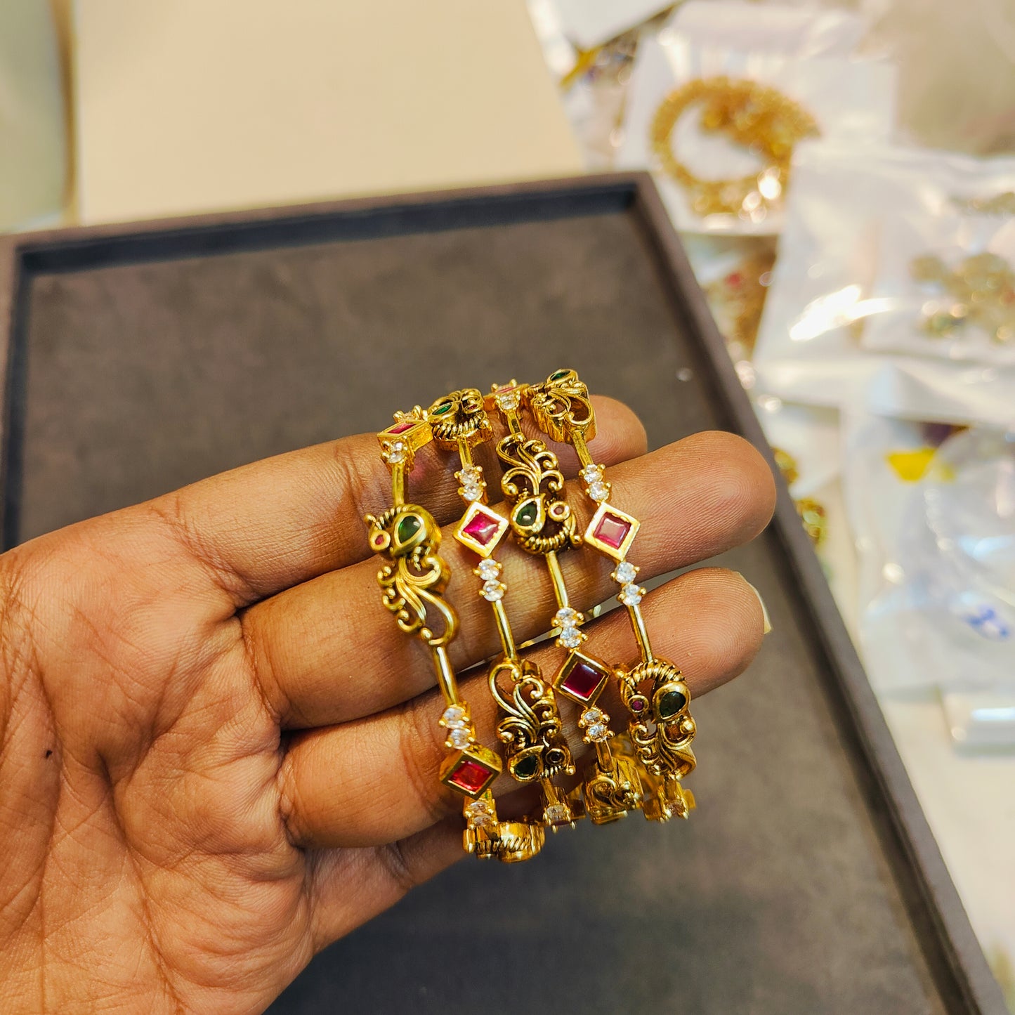 Cz stone gold antique finish bangles premium quality set of 4