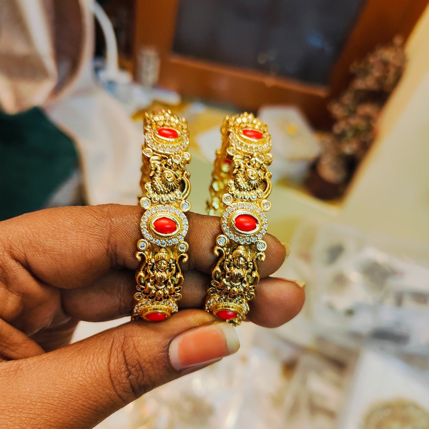 Gold antique nakshi finish peacock lakshmi bangles