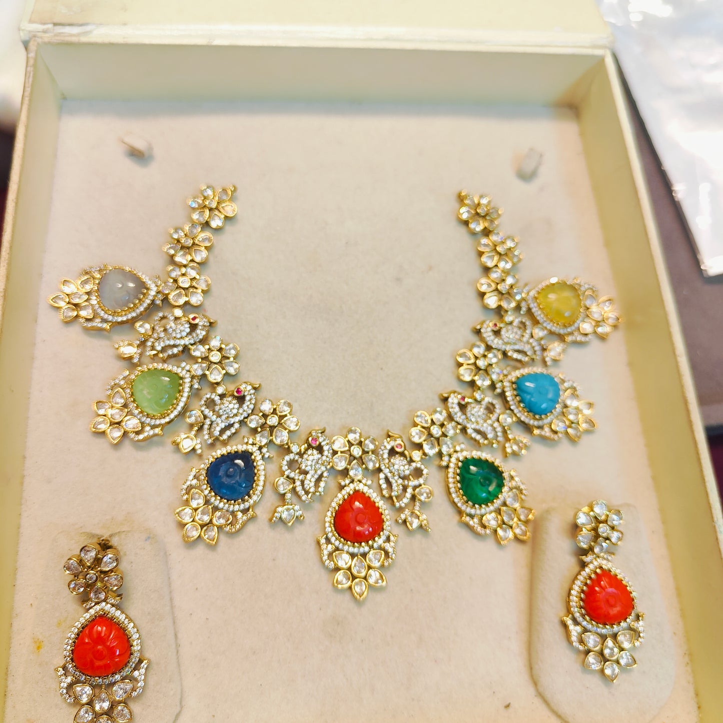 Moissanite polki diamond replica navratna neckset