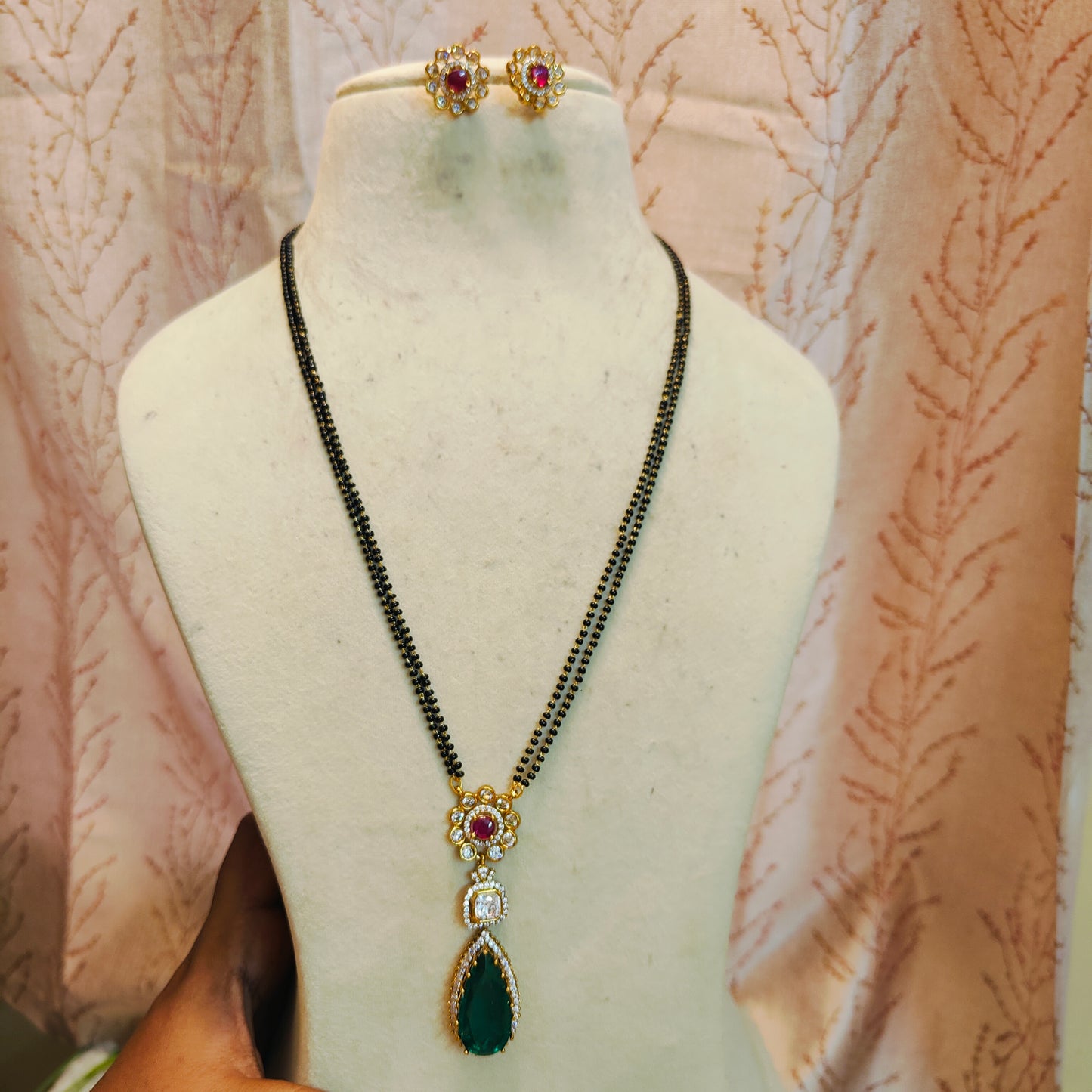 Elegant gold plated ruby emerald mangalsutra set