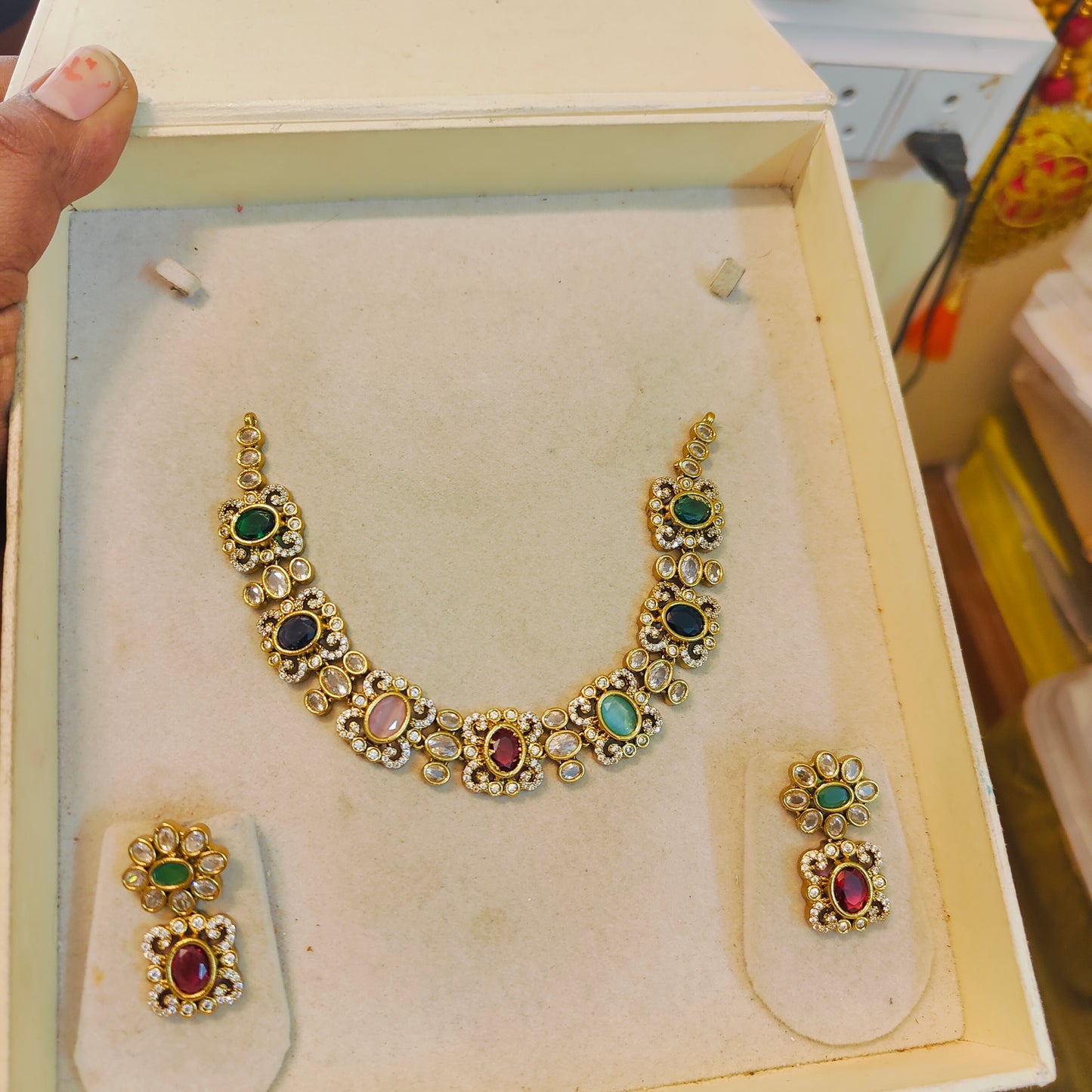 Multi stone gold plated necklace set