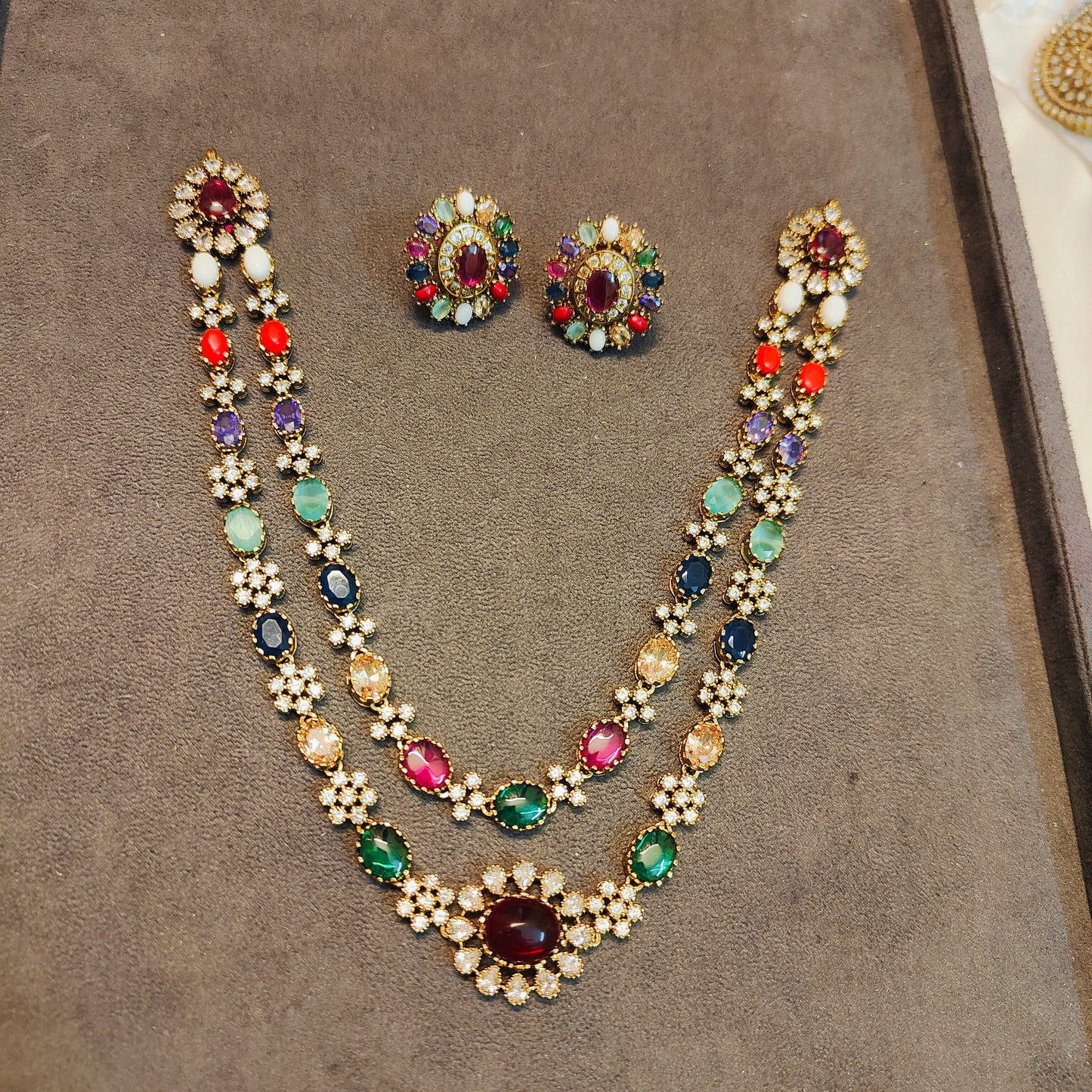 Royal multicolour Moissanite double layer necklace set