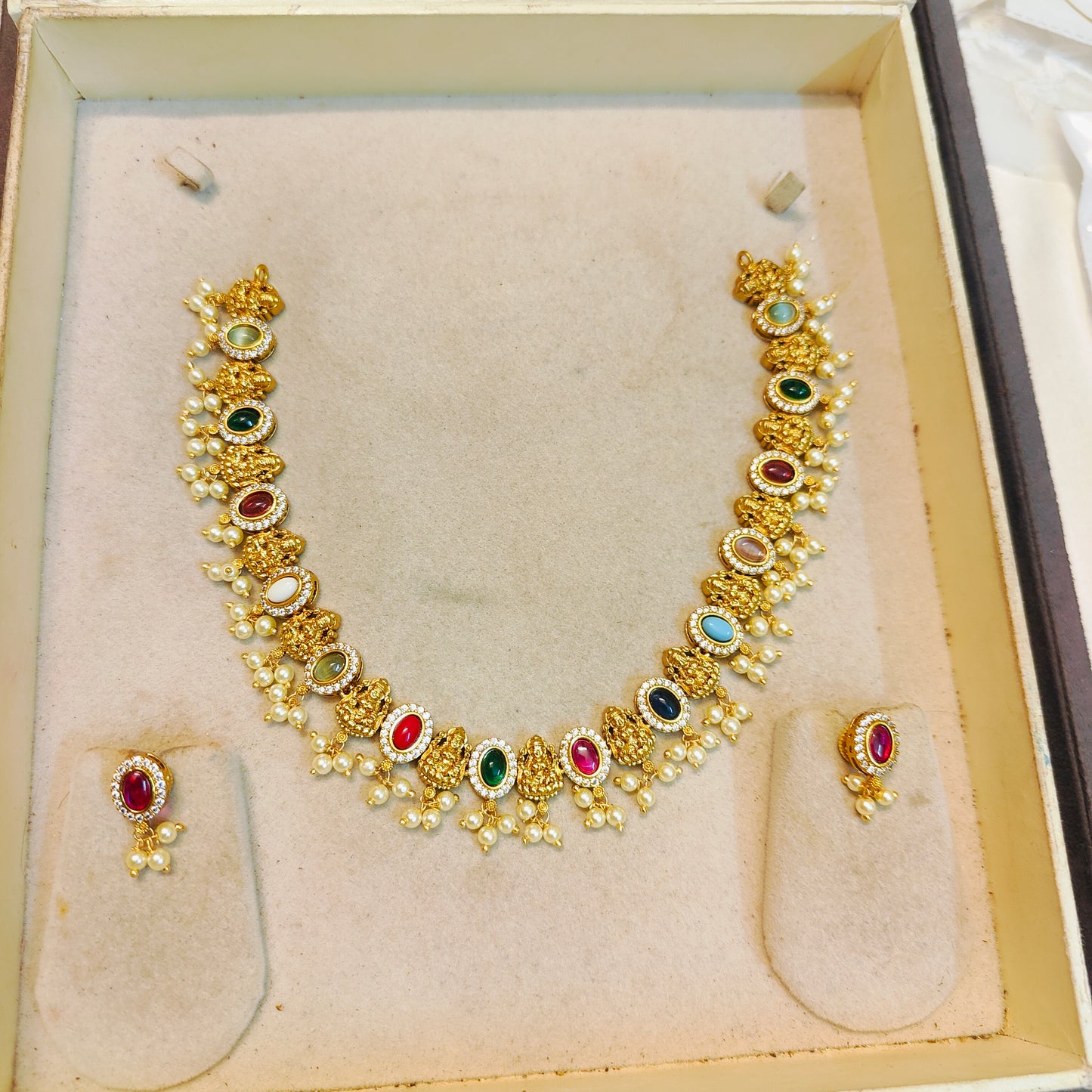 Navaratna lakshmi necklace set with pearl accents