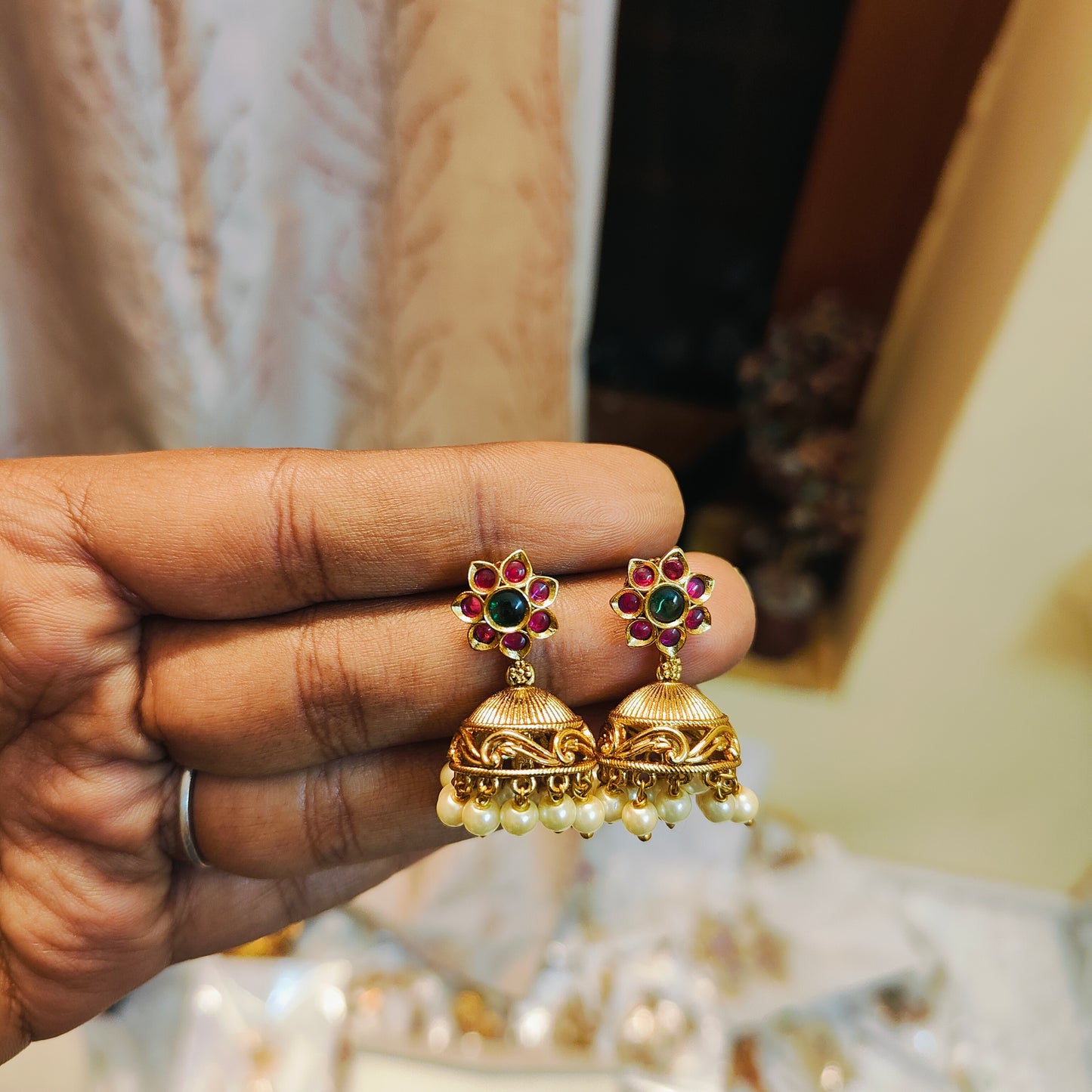 Antique Kemp jhumka with pearl drops