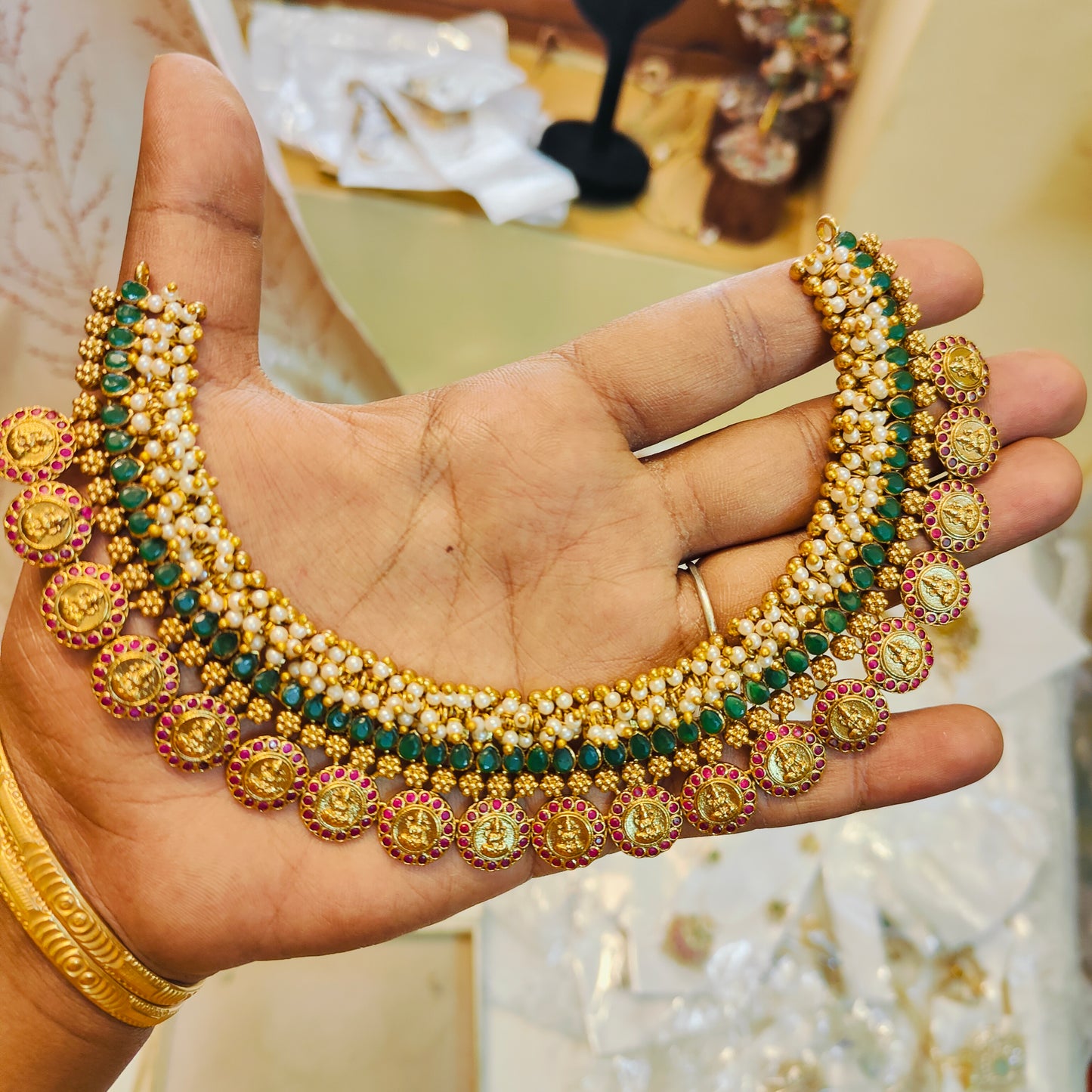 Antique lakshmi coin necklace set with pearl detailing