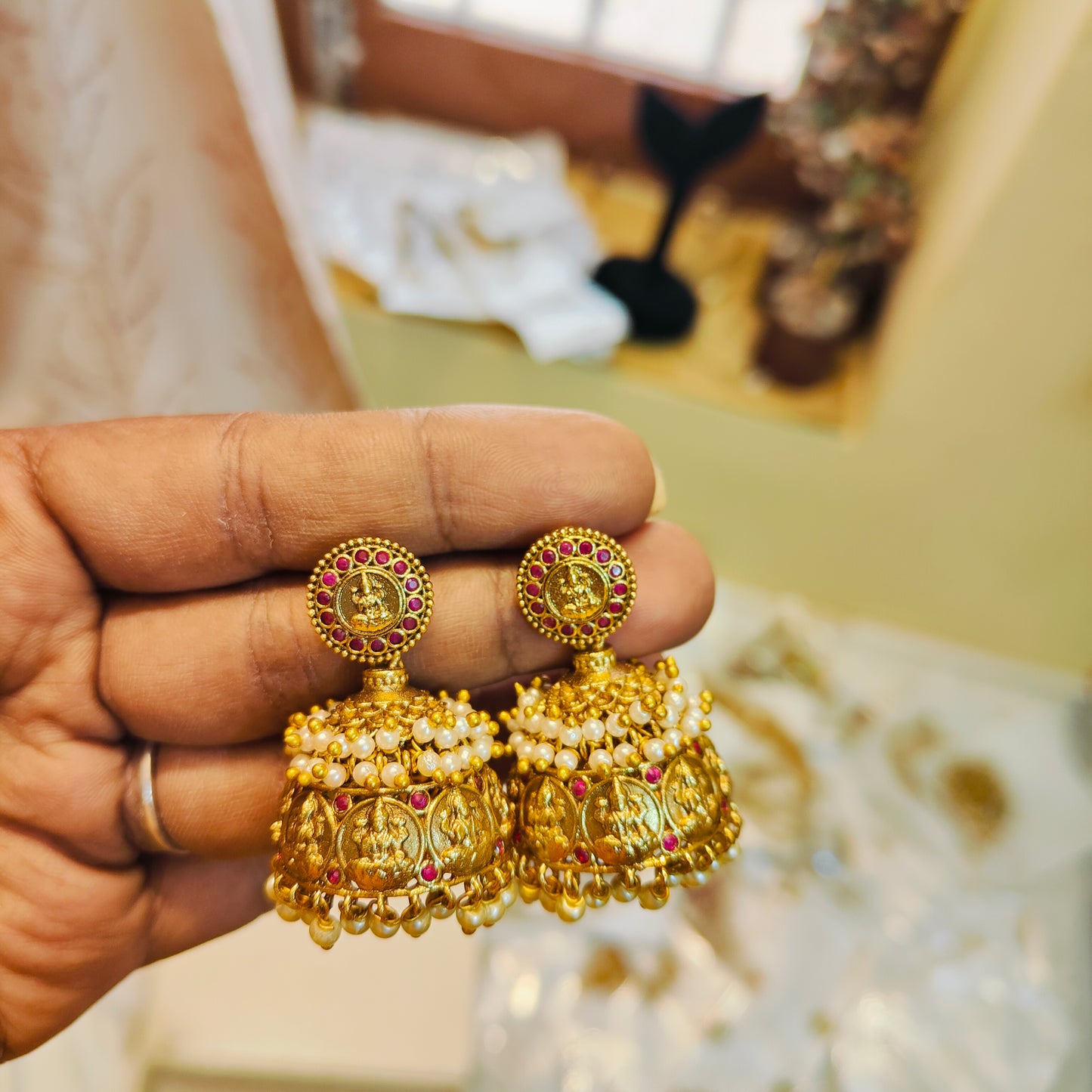 Antique lakshmi coin necklace set with pearl detailing