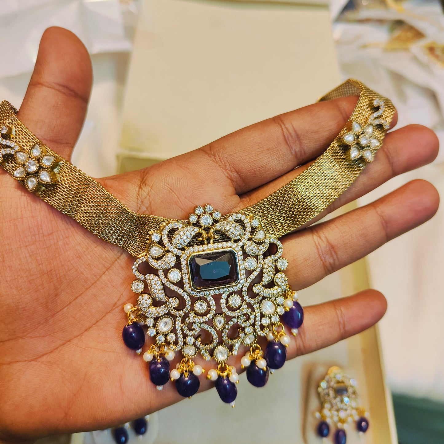 Designer navy blue mesh necklace set