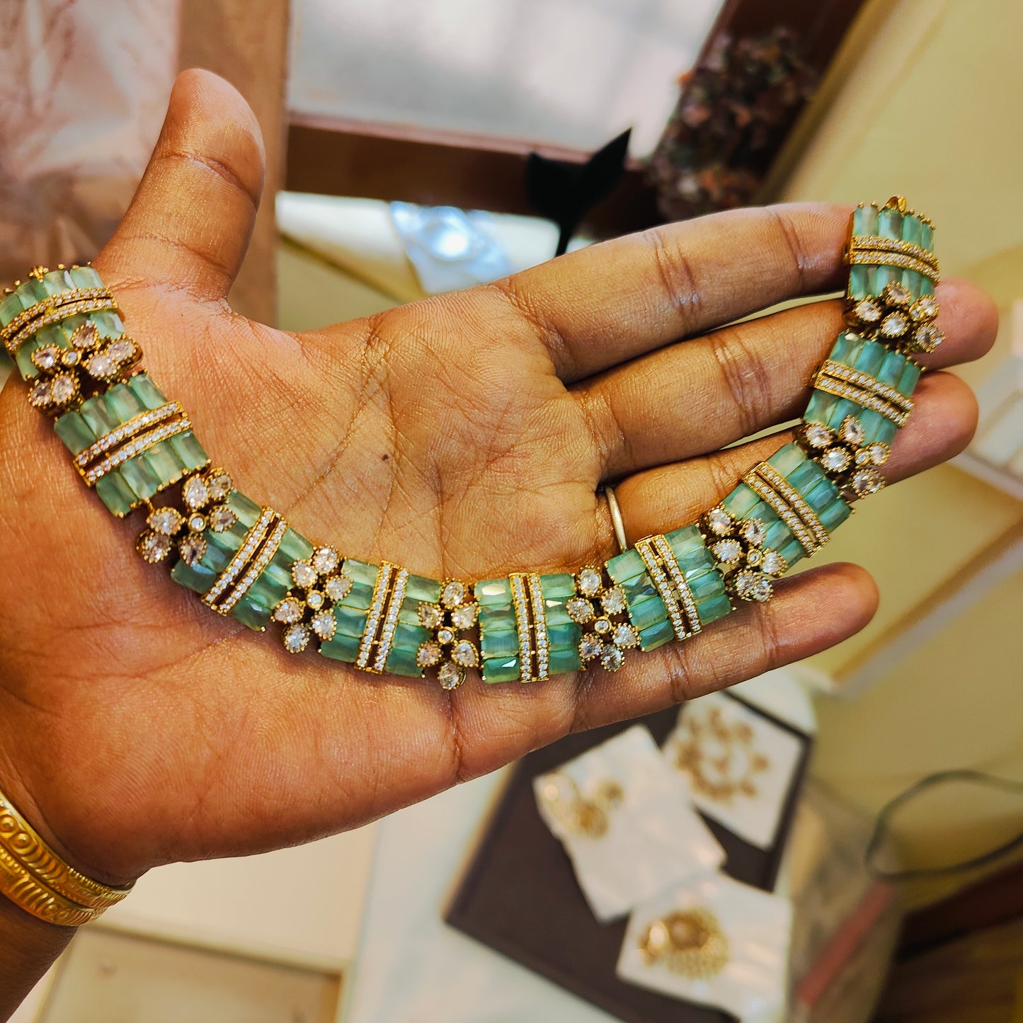 Mint green stone Moissanite kundan neckset