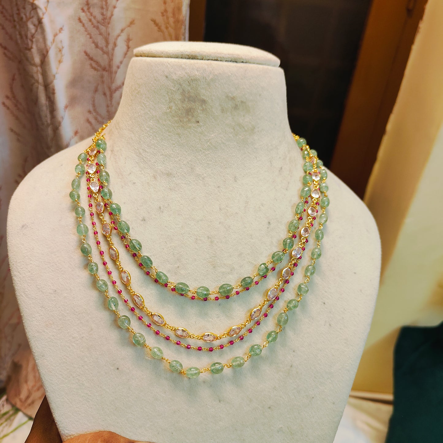 Elegant mint green strawberry beads chain with polki earrings