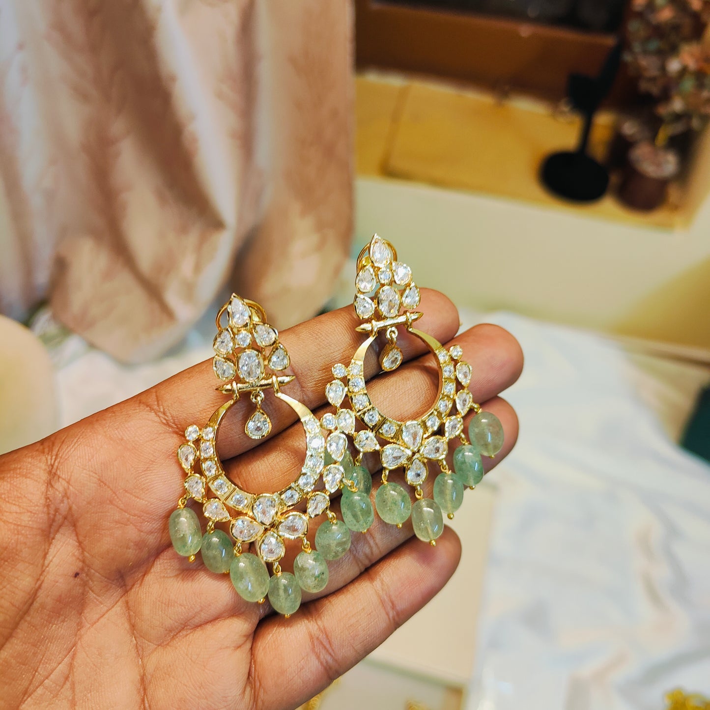 Elegant mint green strawberry beads chain with polki earrings