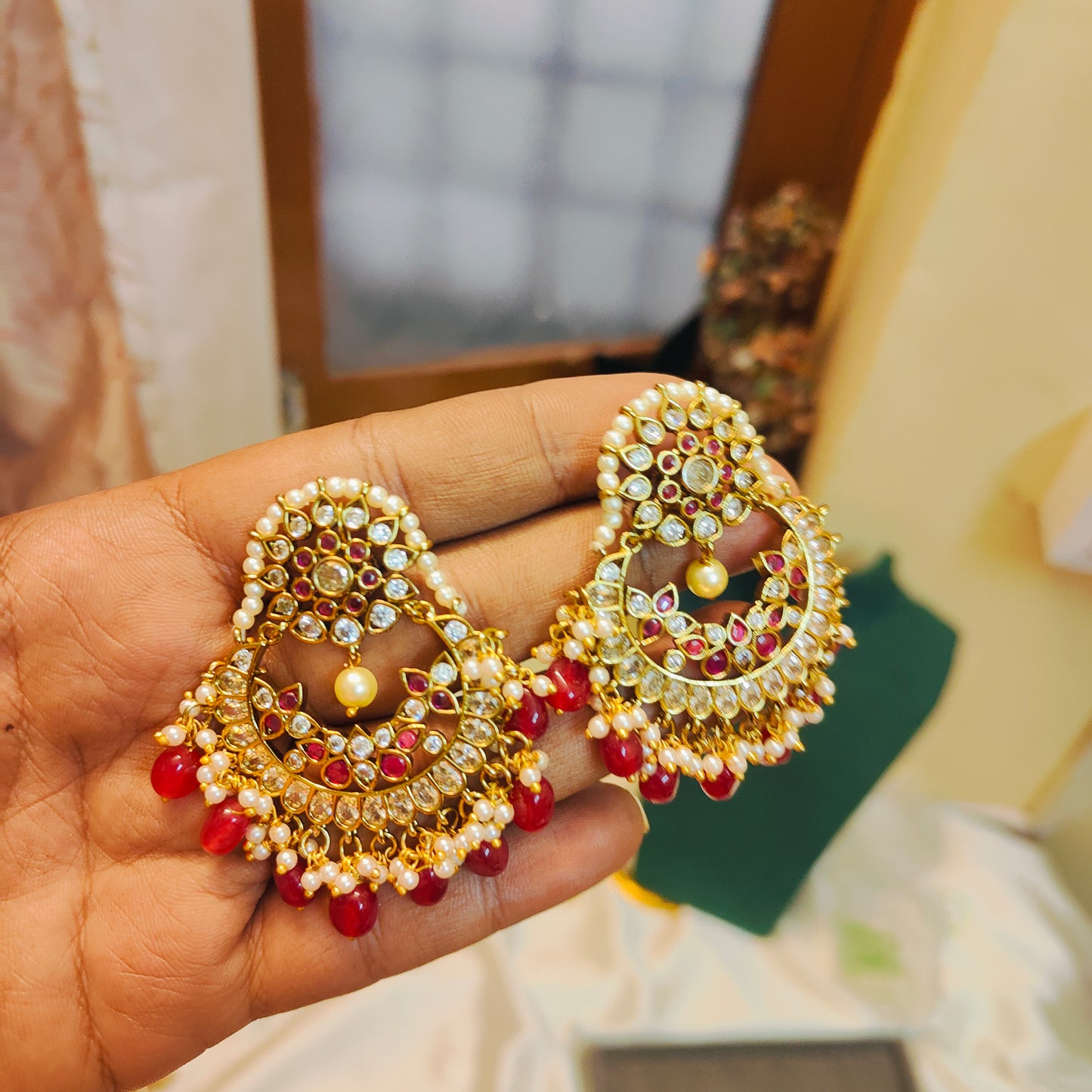 Royal ruby pearl chandbali earrings
