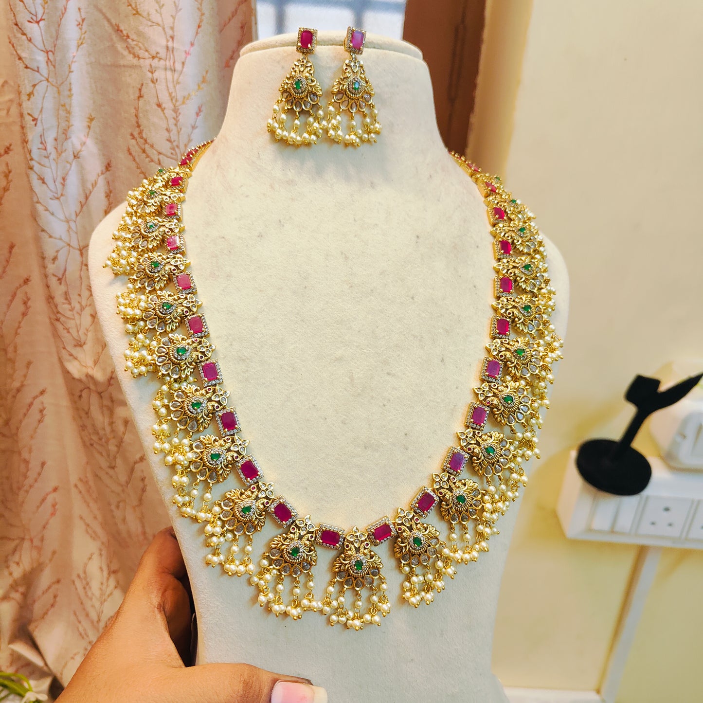 AD stones gold replica Ruby peacock haram