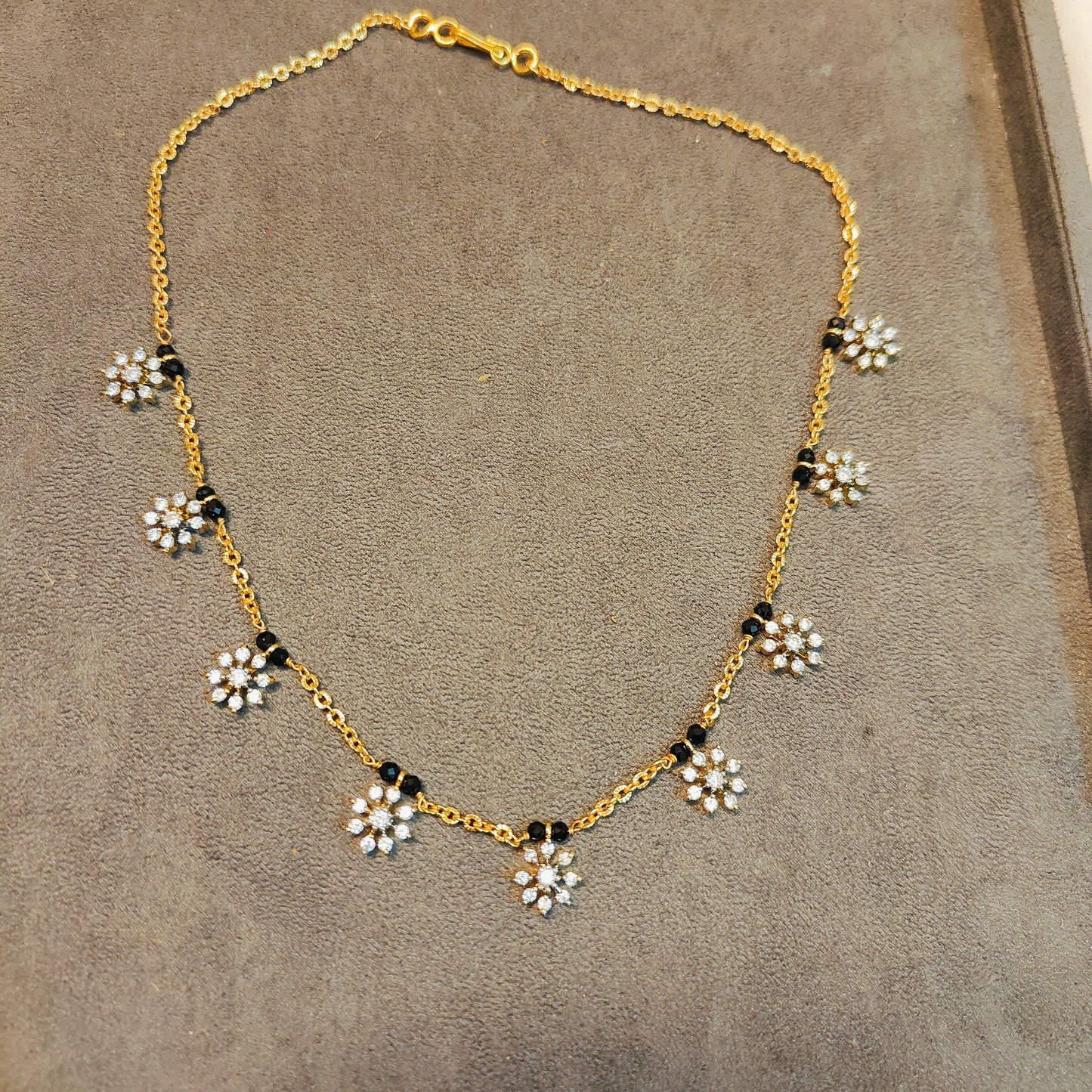 Floral diamond cz black beads chain