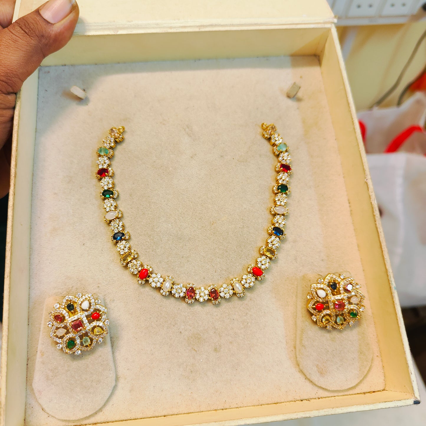 Elegant navratna neckset with matching stud