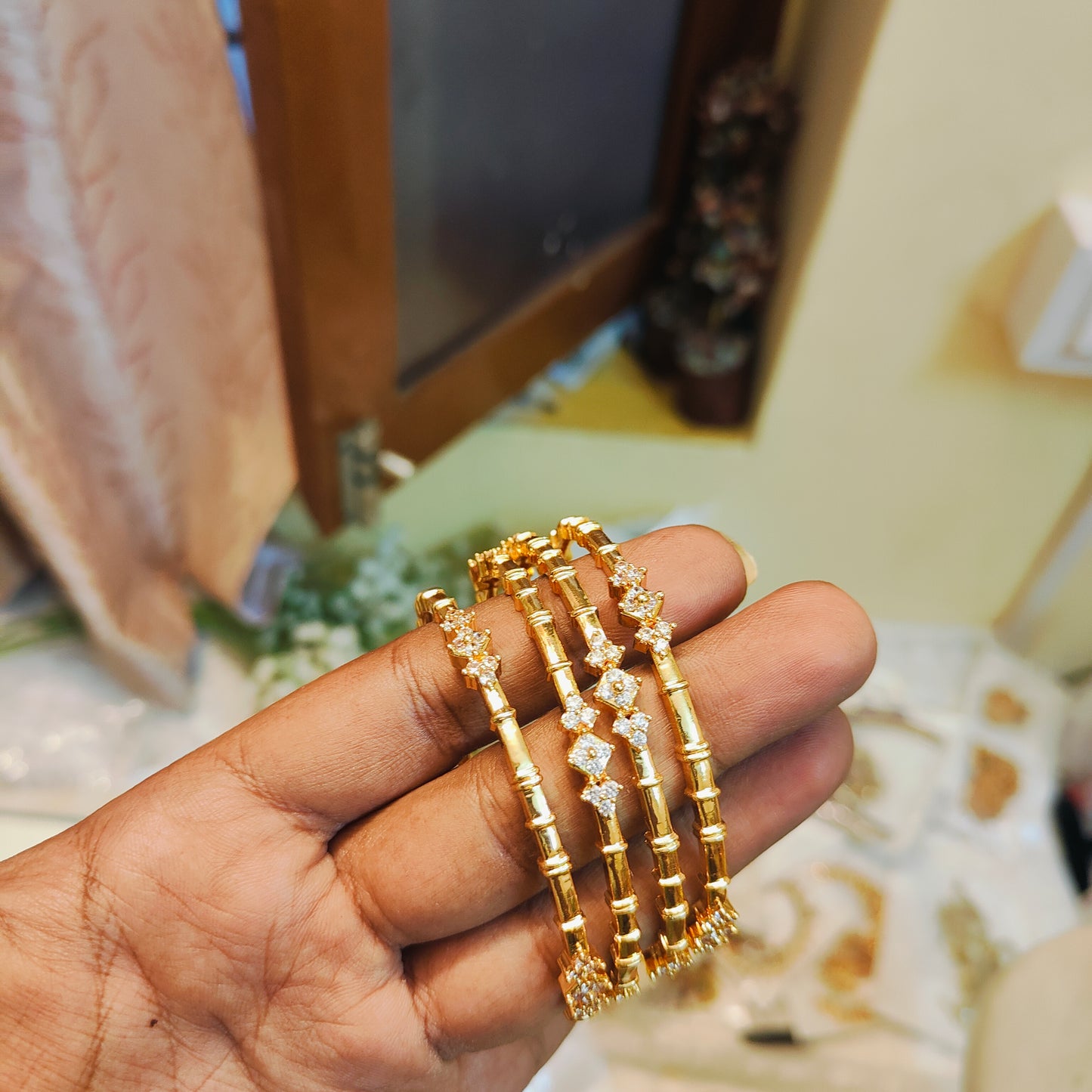 Cz stones bamboo design bangles set of 4
