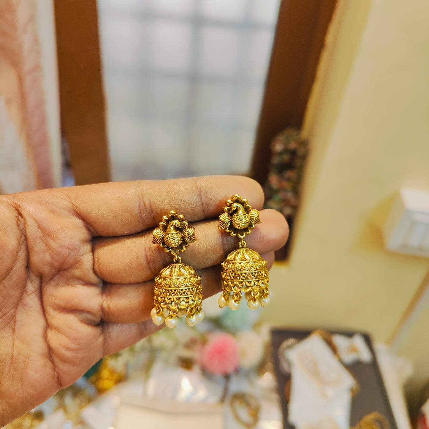 Antique peacock jhumka with pearl drops