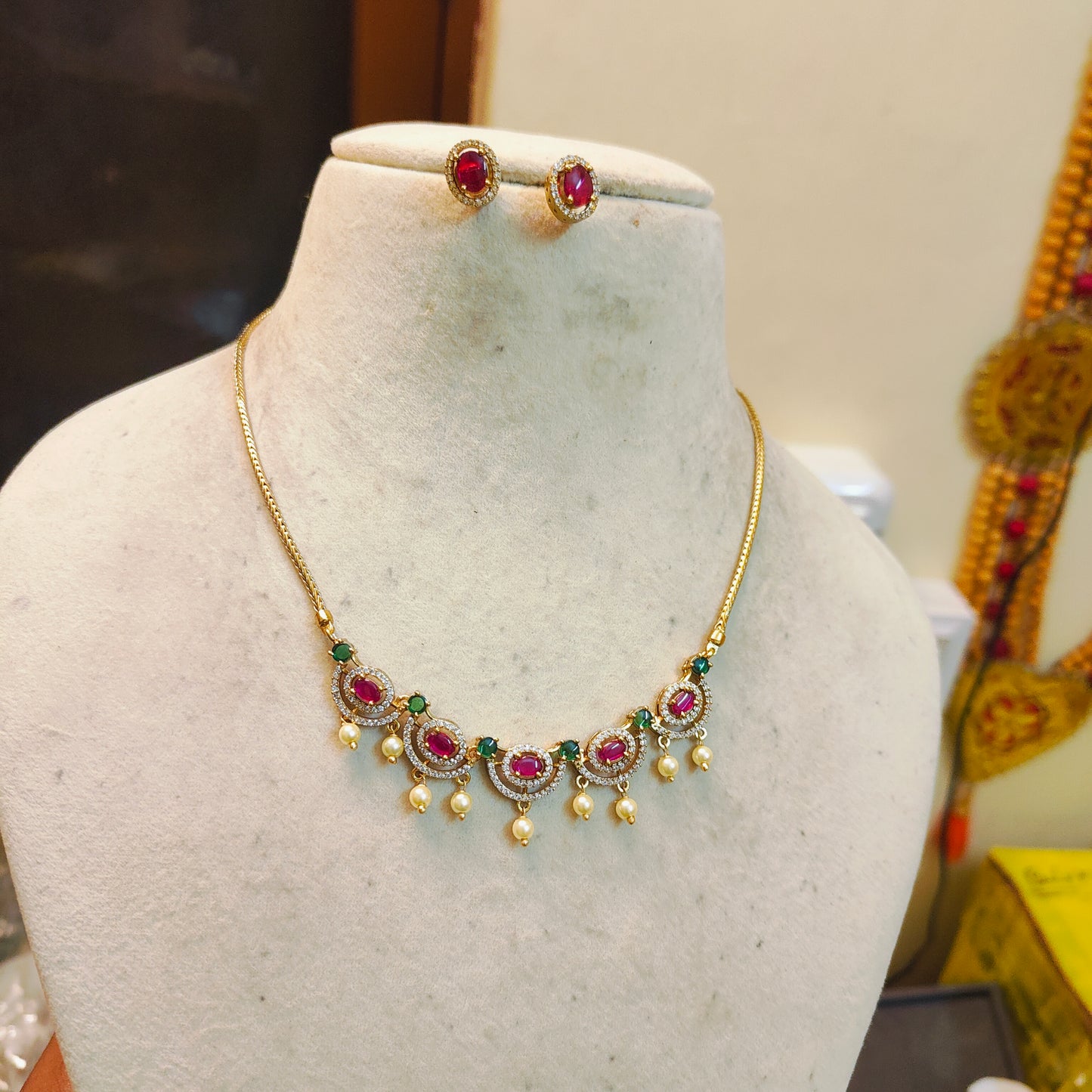 Classic cz ruby pearl necklace set