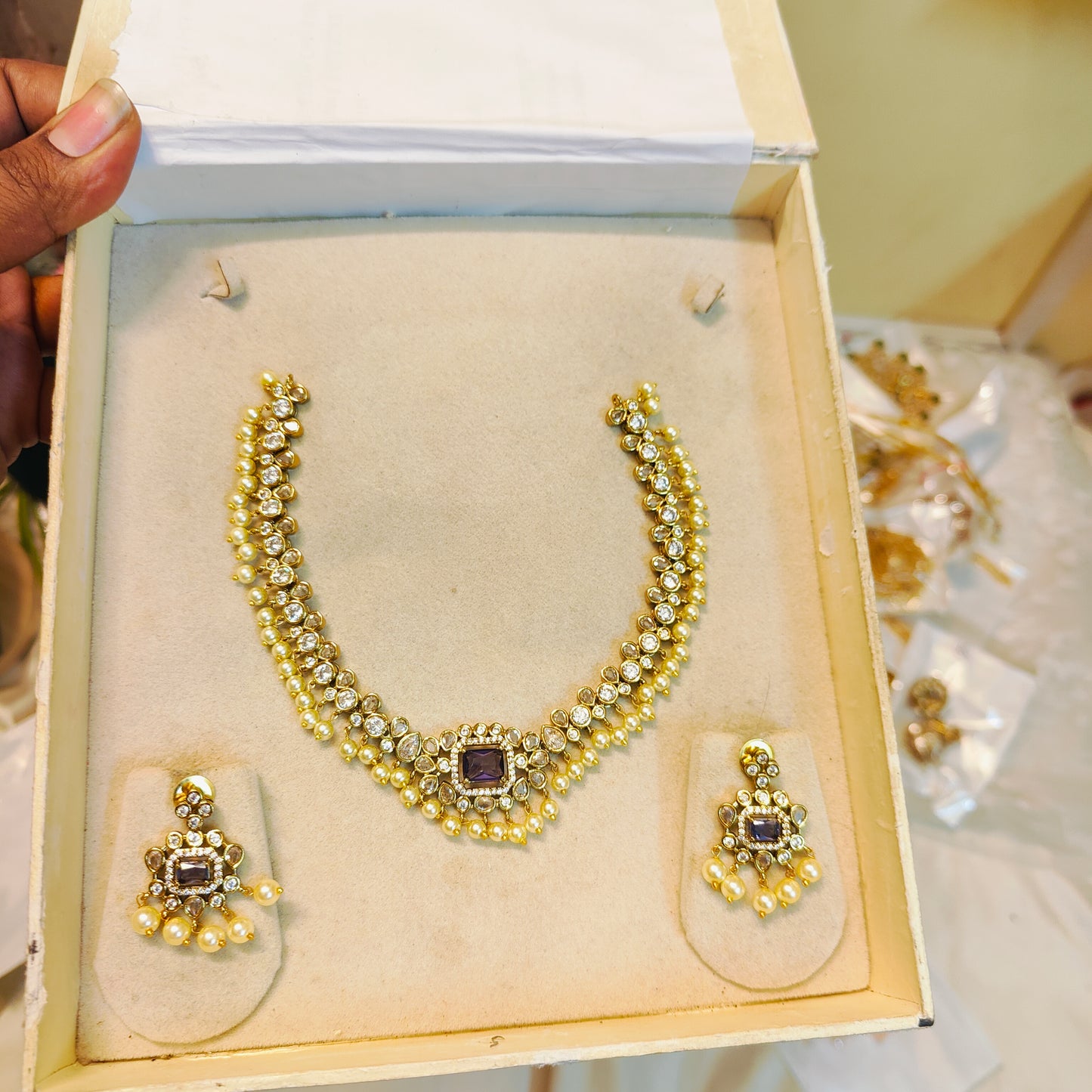 Classic Pearl CZ Necklace set with Violet accents