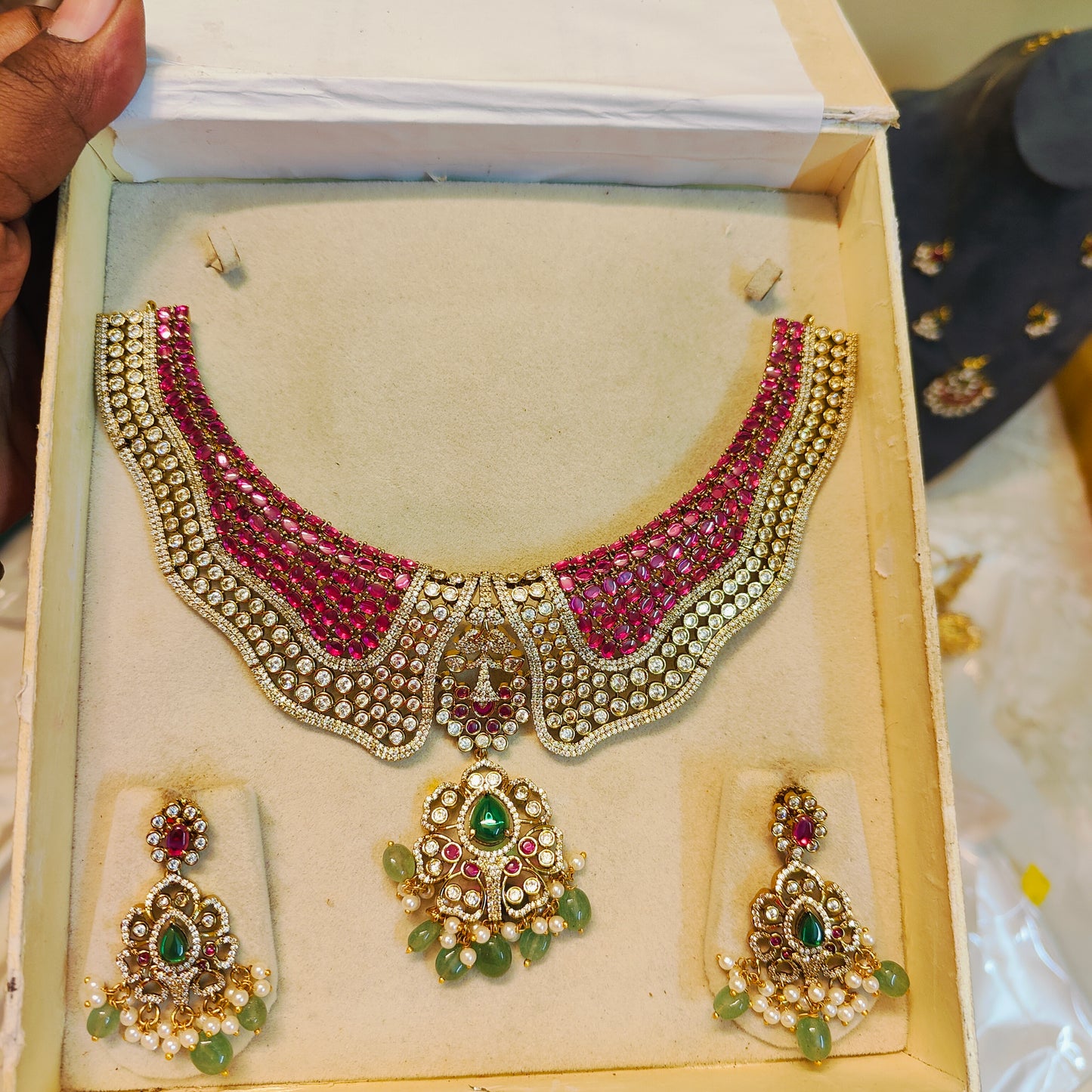 Ruby Emerald Cz Bridal necklace set