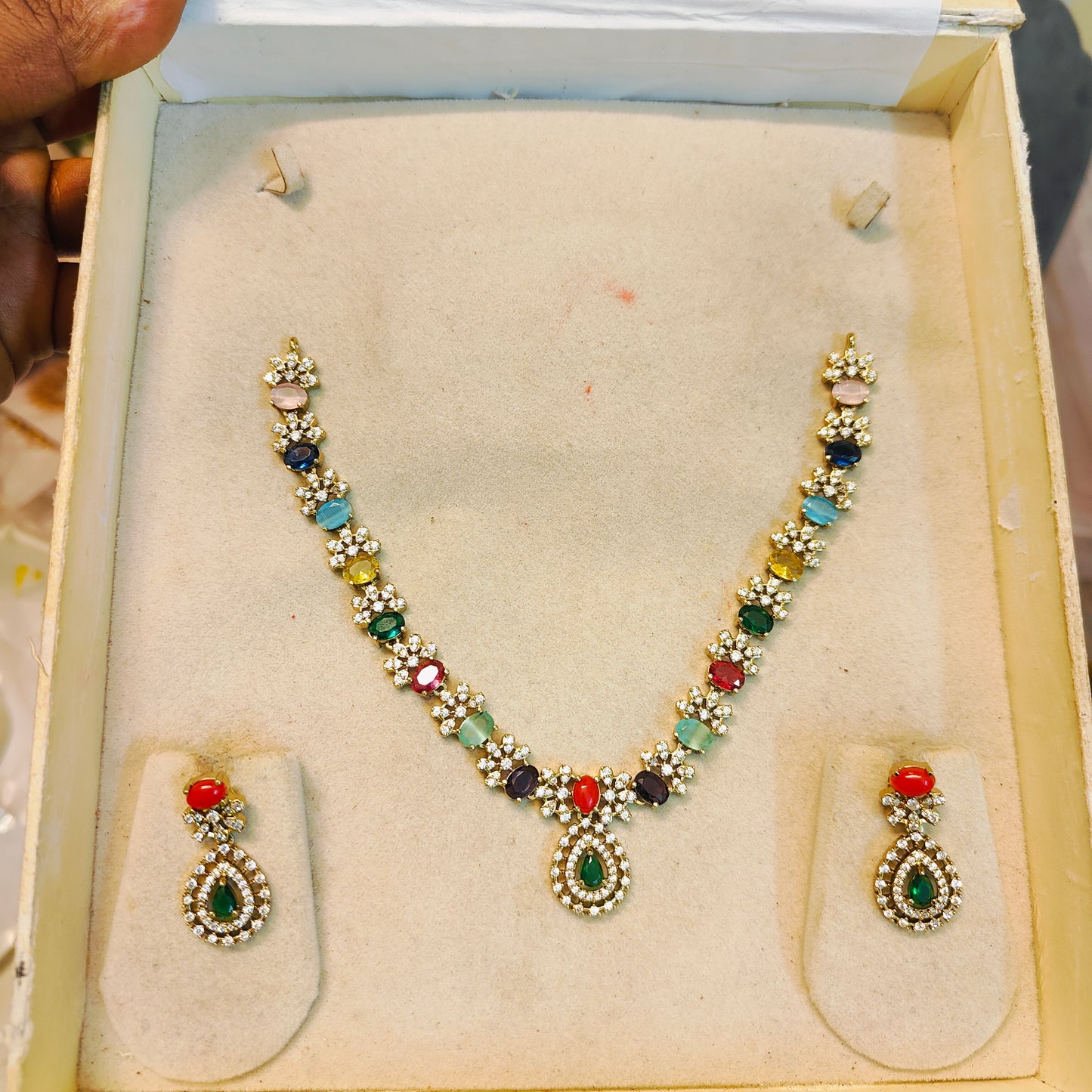 Elegant CZ Multicolour jadau necklace set