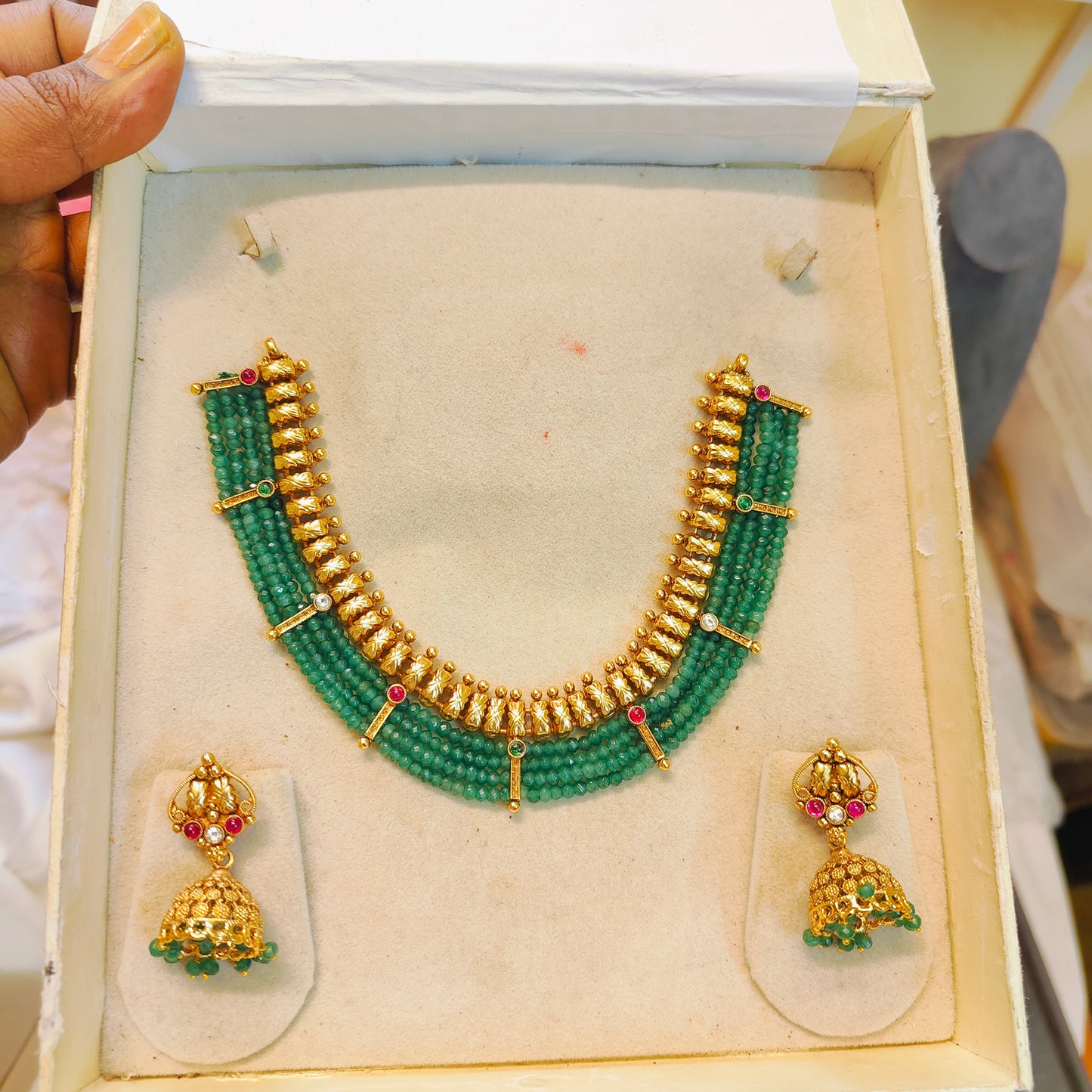 Green Onyx beads nakshi necklace set