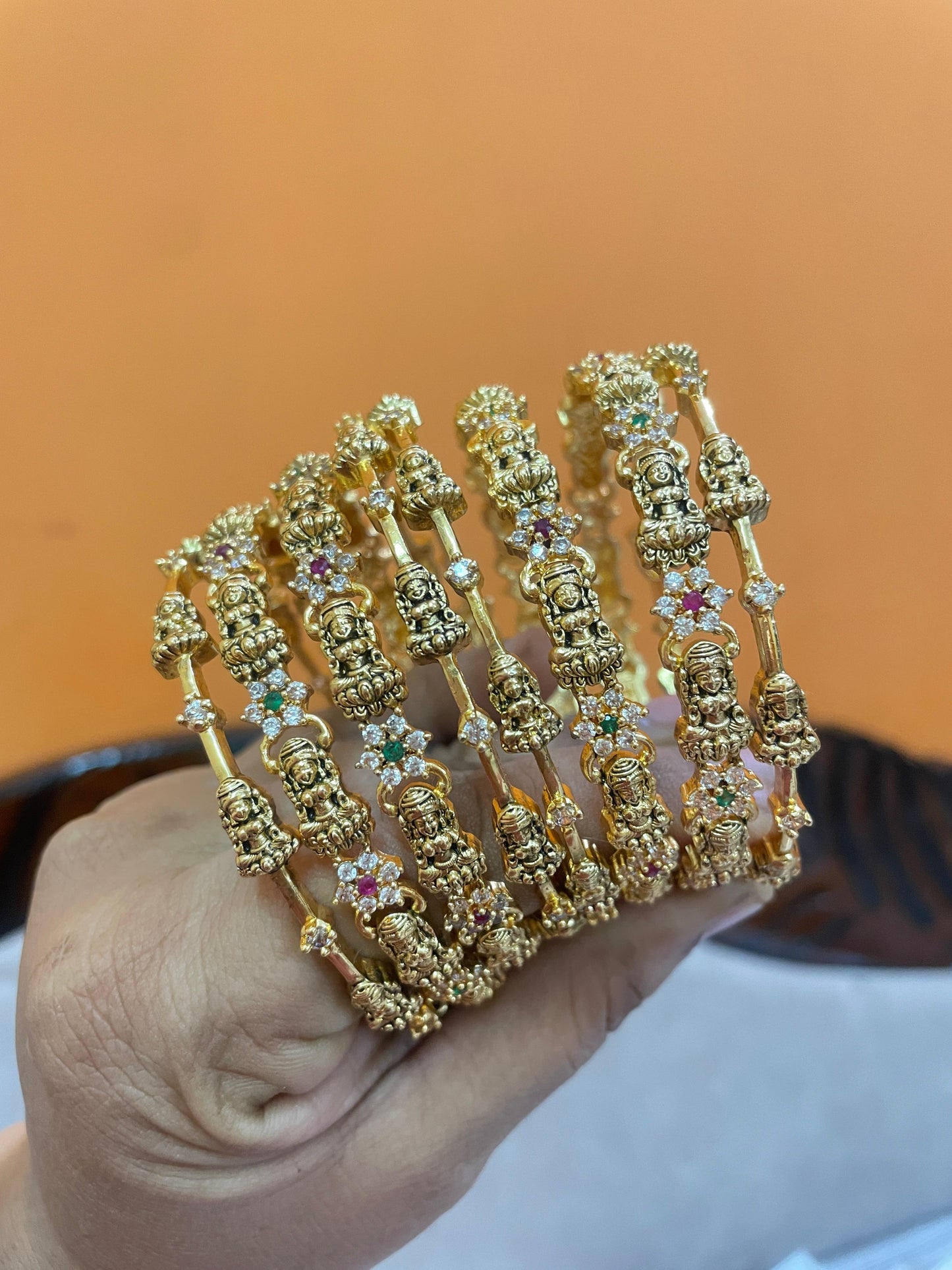 Gold antique finish cz stone bangles set of 8