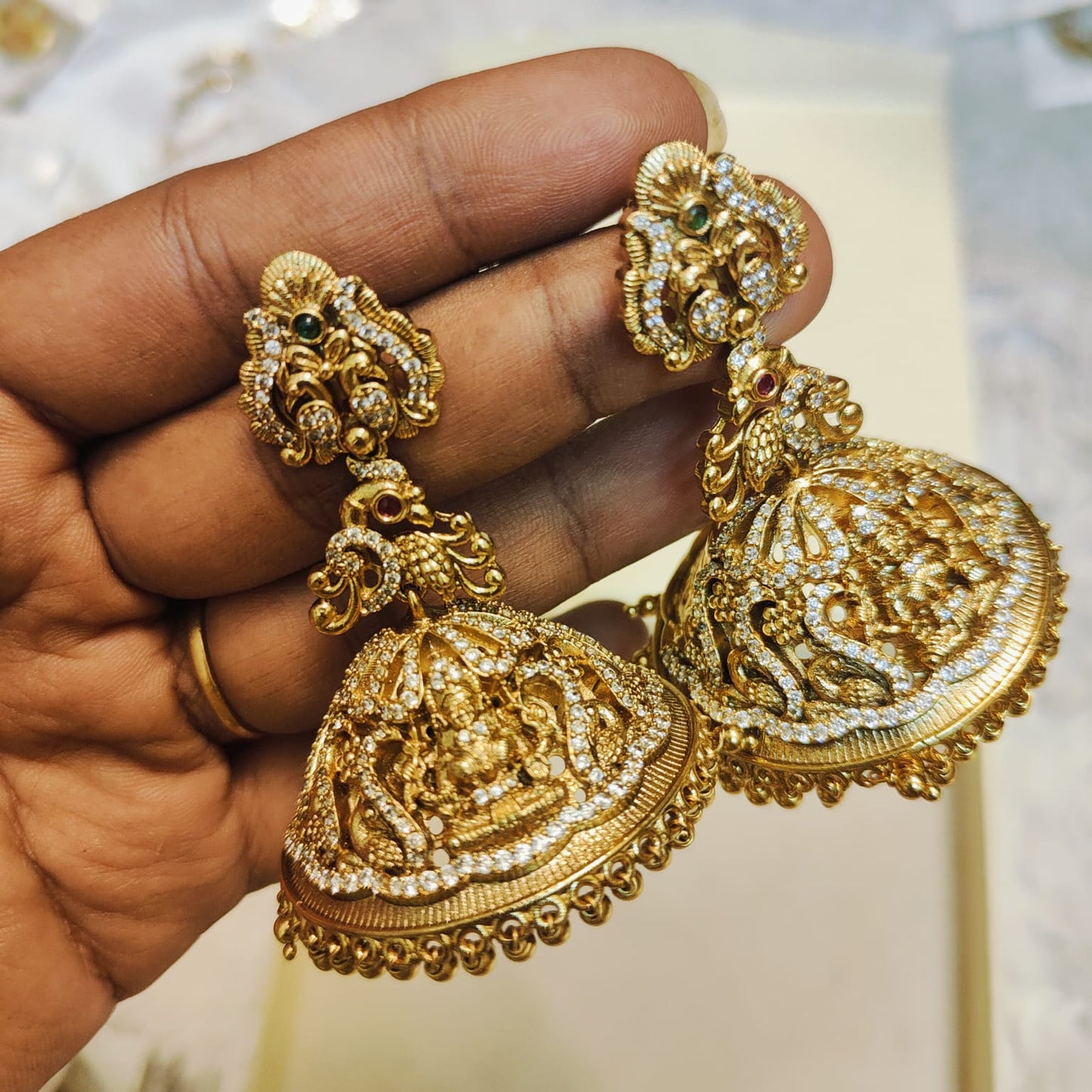 Gold nakshi finish jhumka with cz stone Bridal jhumka