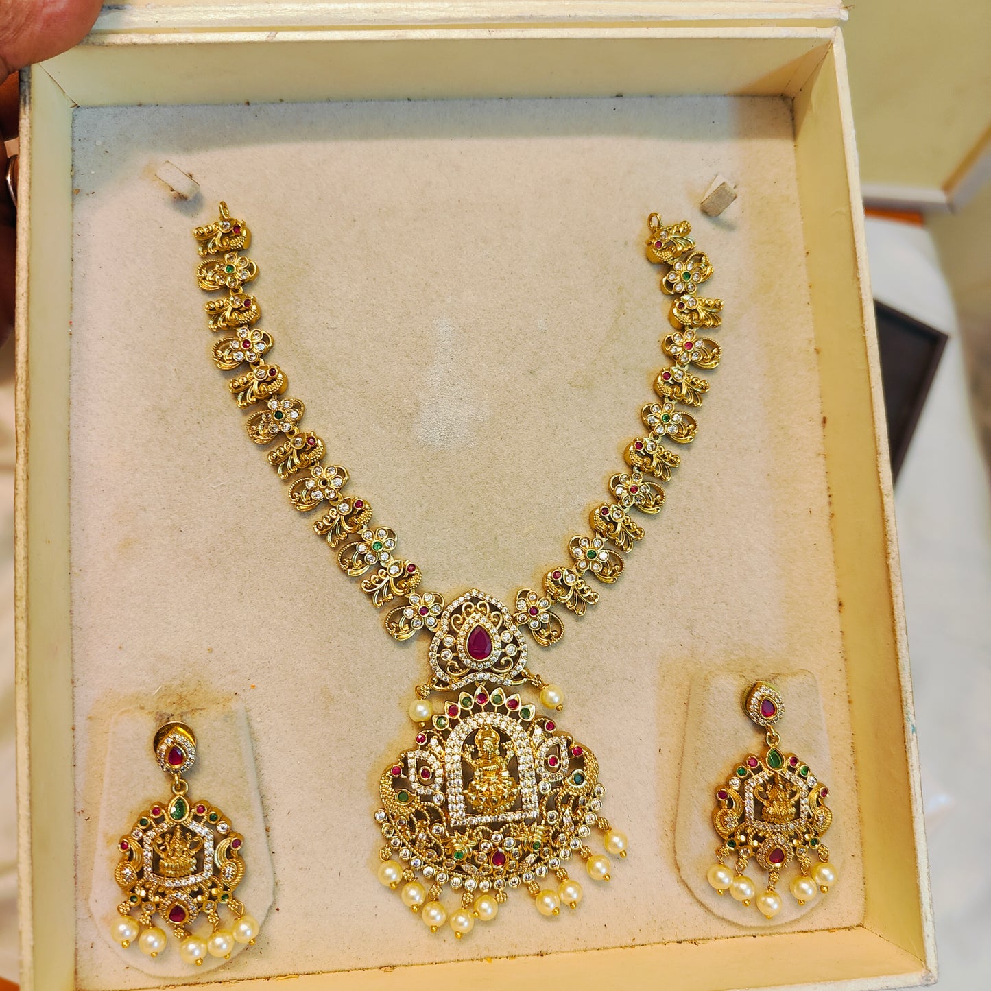 Antique lakshmi necklace set with pearl drops