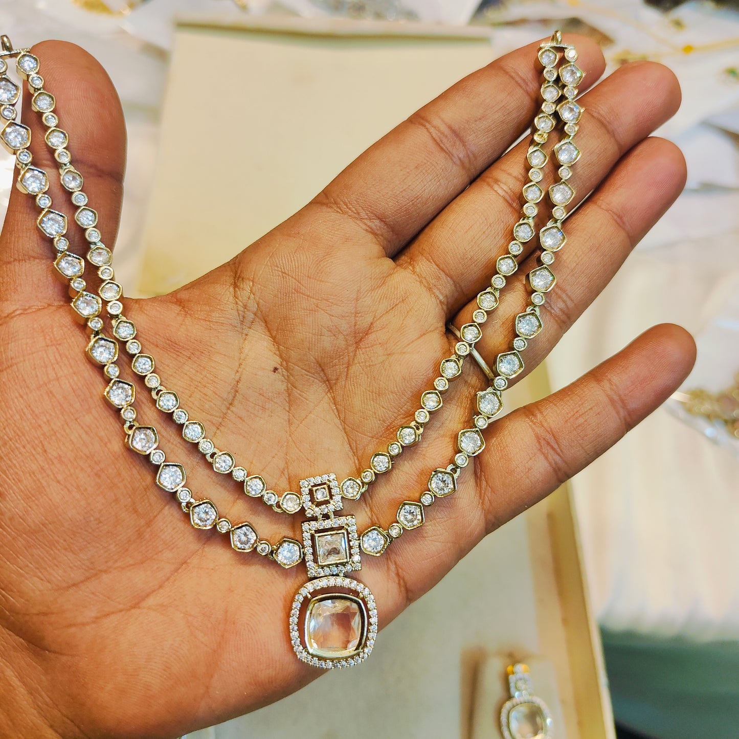 Moissanite double layer necklace set with cushion cut pendant