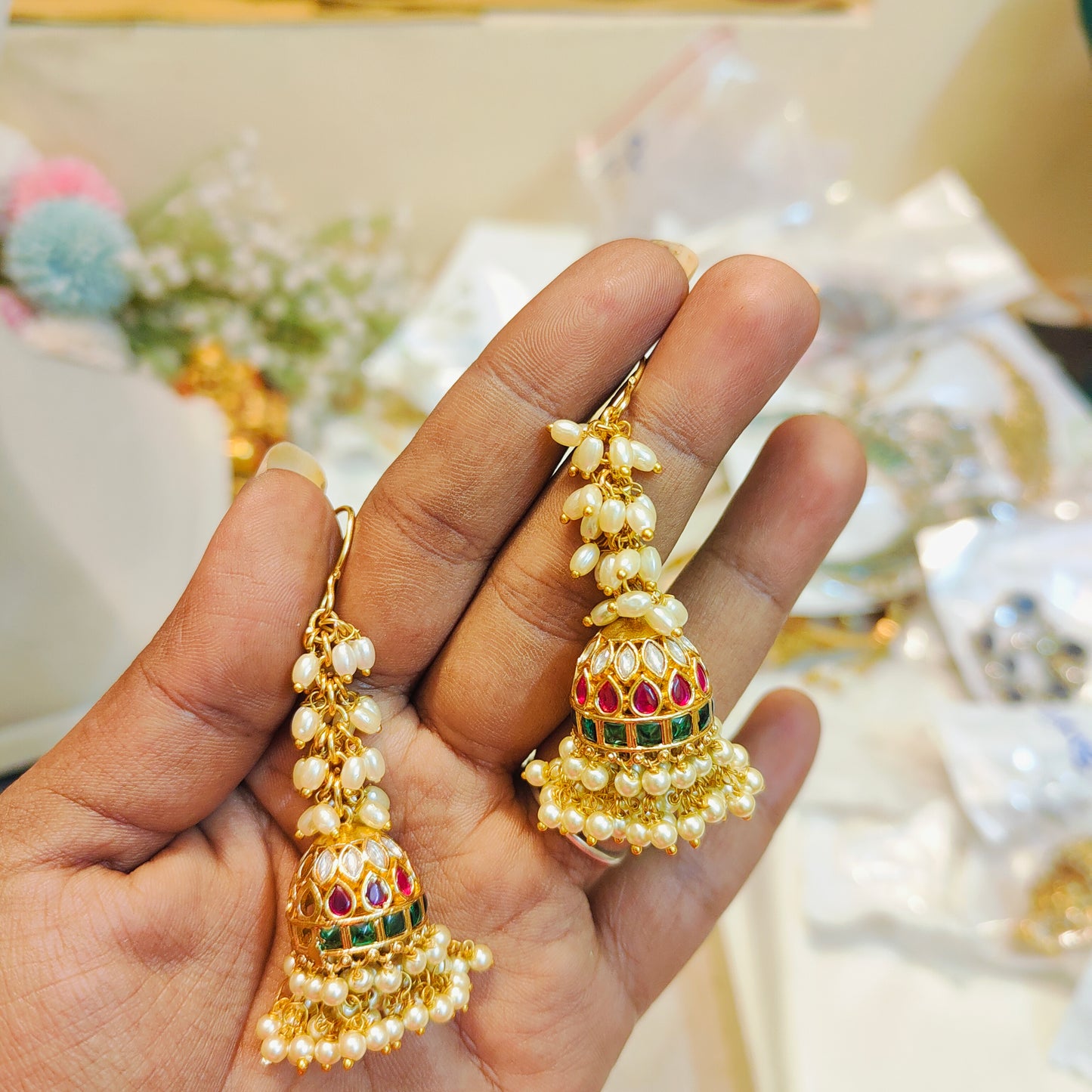 Traditional pearl hook jhumka