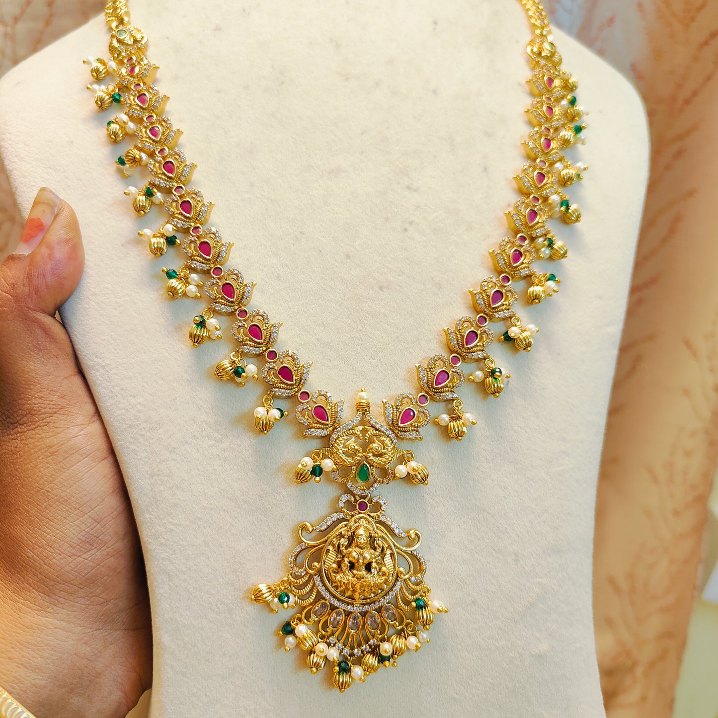 Lakshmi haram with ruby green accents