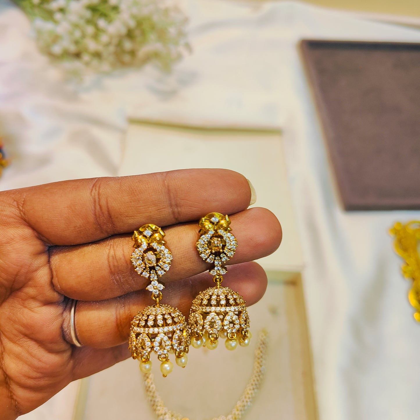 Sparking cz stone necklace set with pearl jhumka