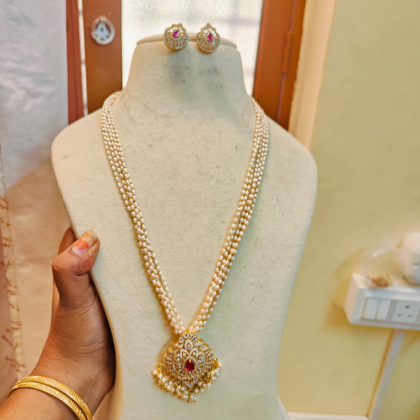 Traditional pearl haram cz stone ruby earrings