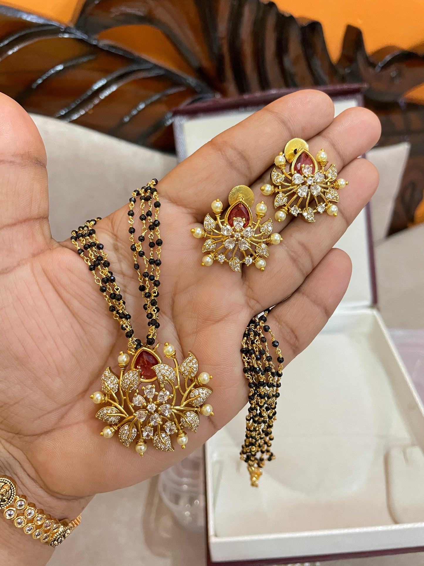 Floral cz black beads chain 16 inches in 2 colours