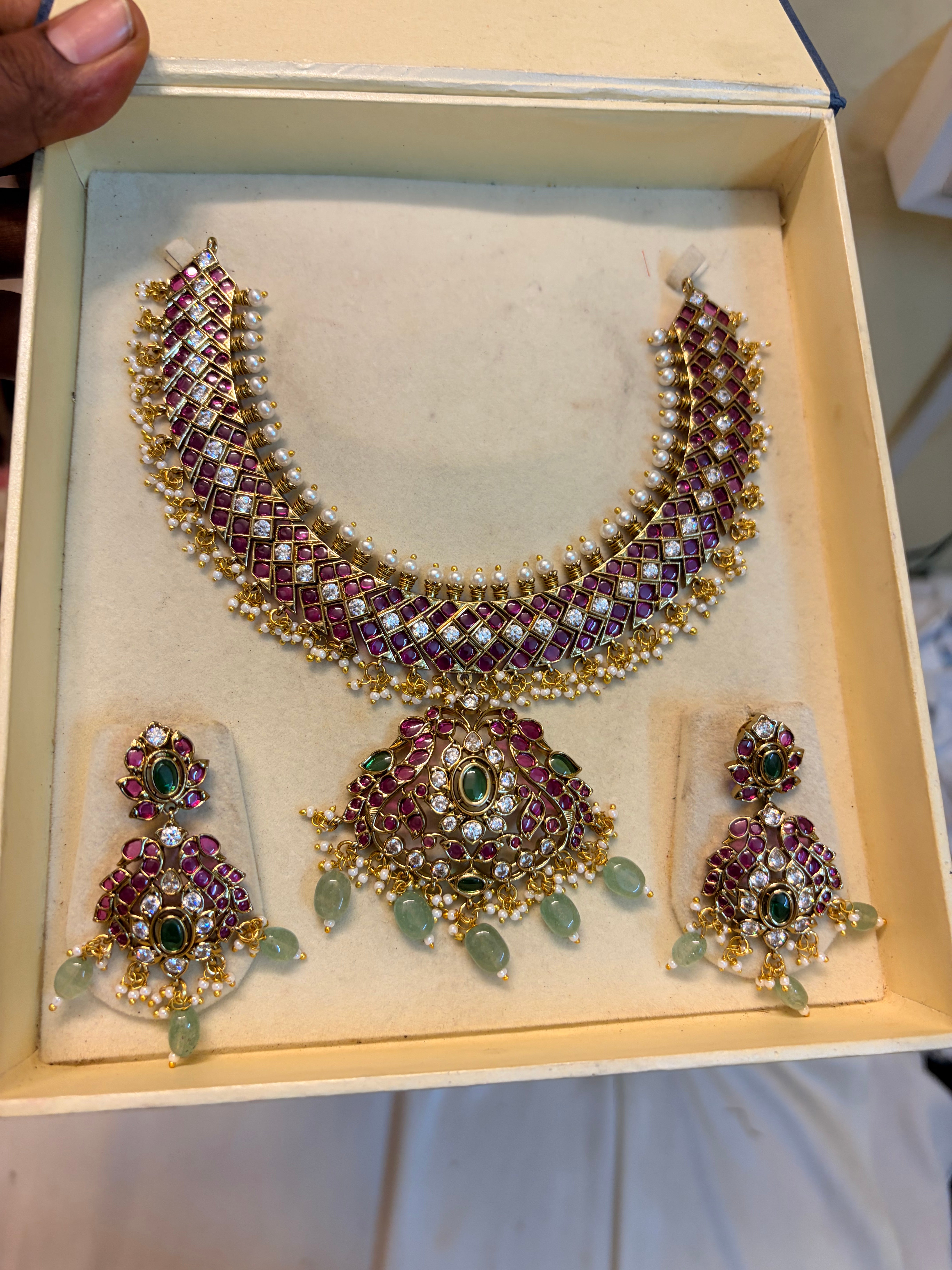 Classic kemp stones jadau necklace set premium quality