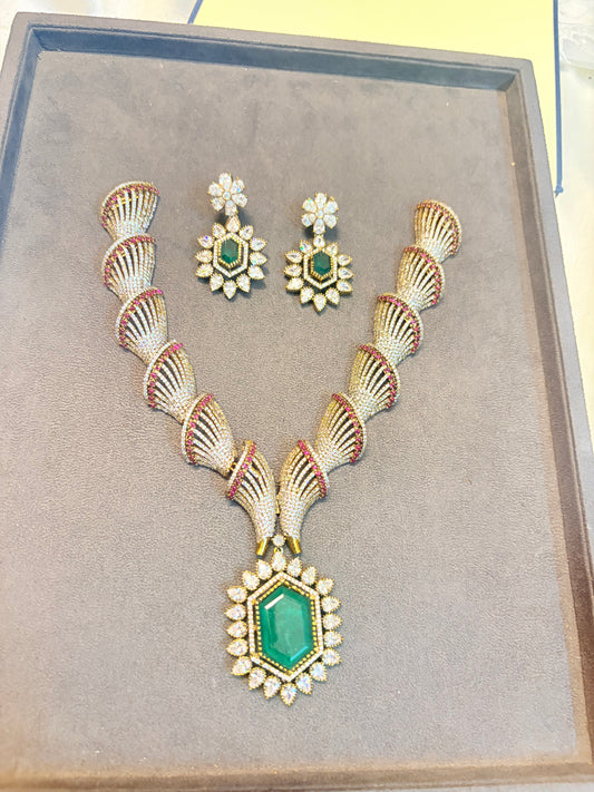 Designer Emerald stone Cz Statement necklace set