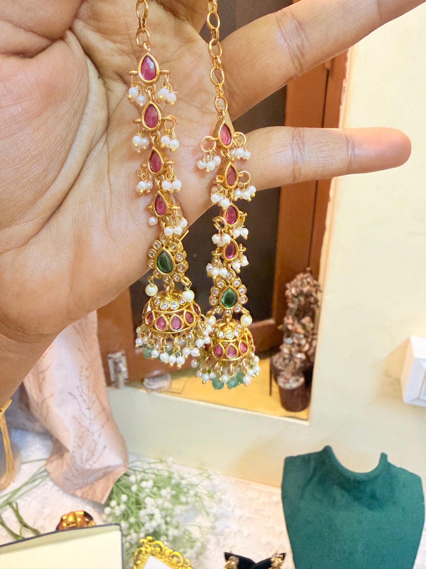 Ruby pink earchain with Jhumka attached