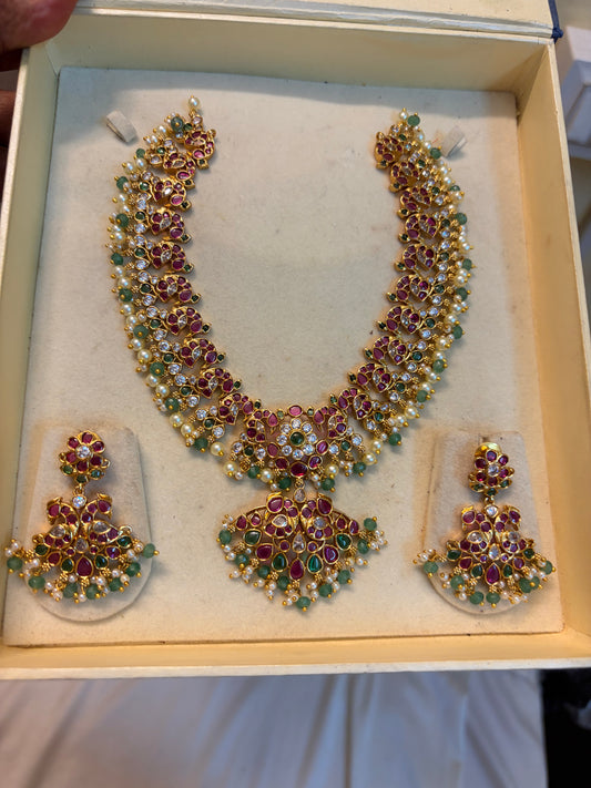 Real kemp stones peacock jadau necklace set premium quality