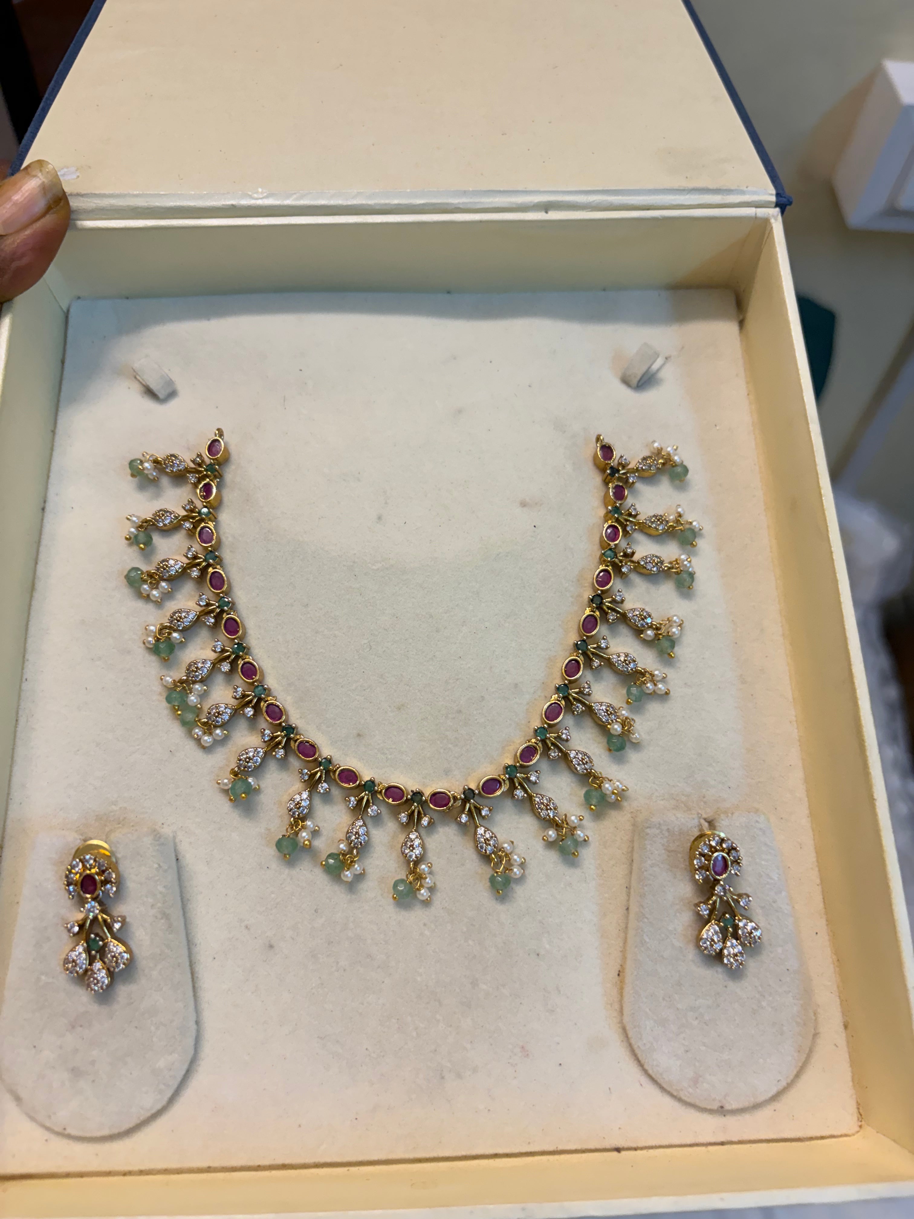 Ruby Emerald Cz Leaf drop necklace set