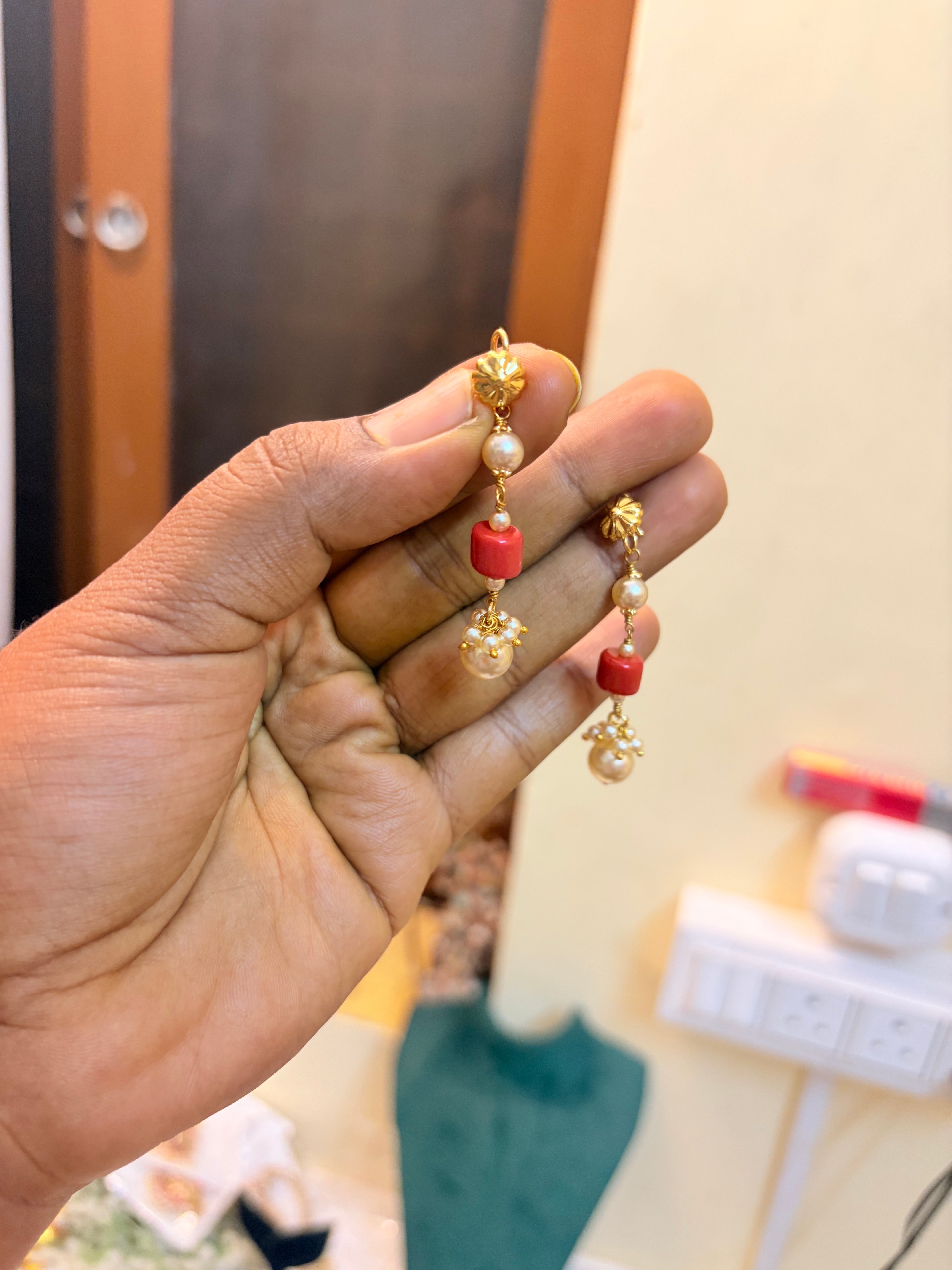 Coral pearl hook earrings
