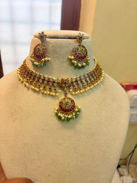 Real kemp stones jadau choker set premium quality