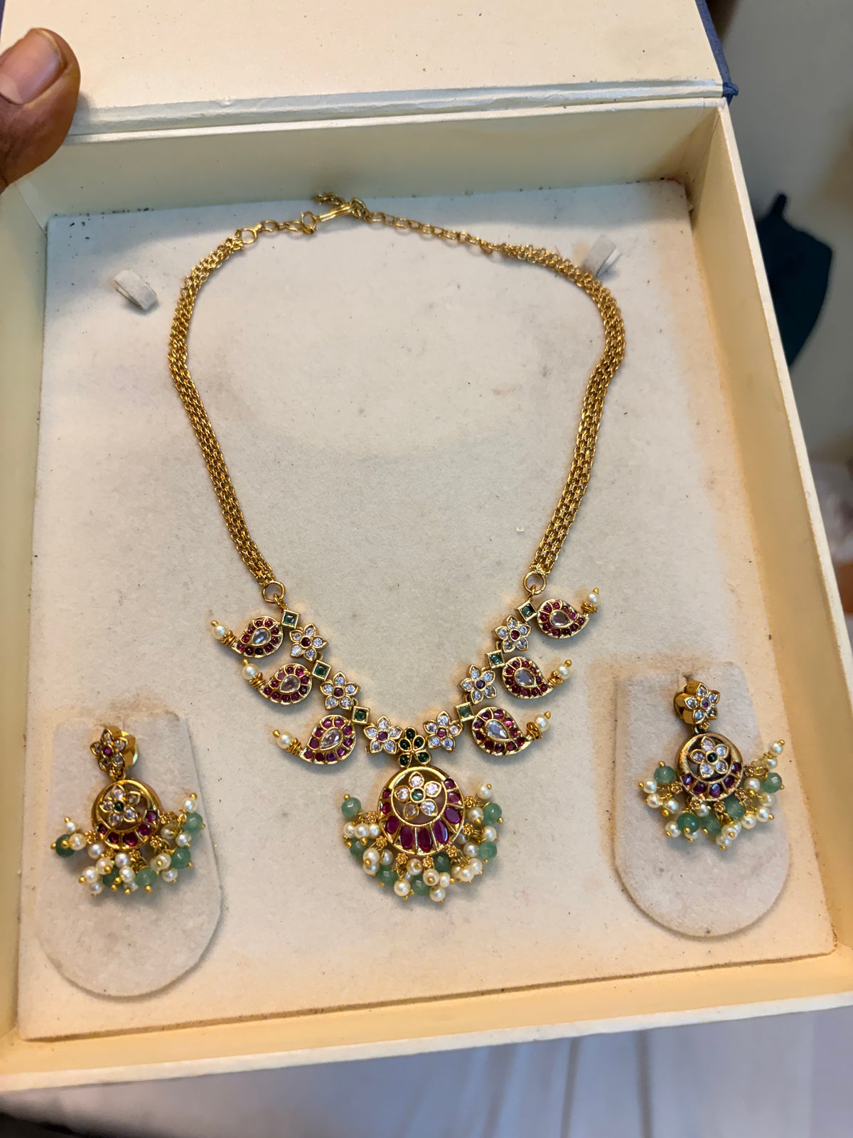 Antique Kemp Mango Motif Necklace Set with Pearl & Green Bead Drops
