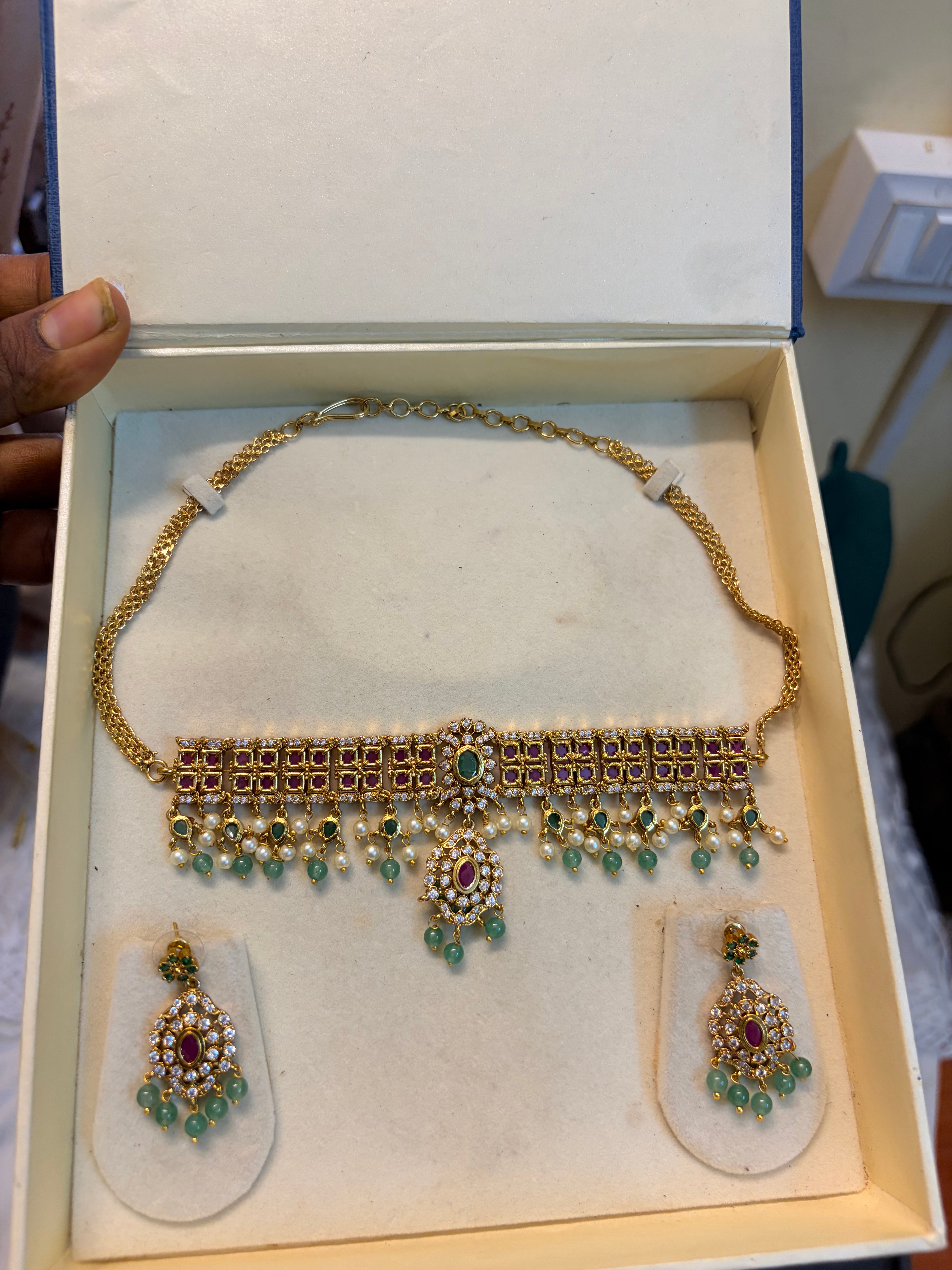 AD stones Ruby choker set with beads hanging