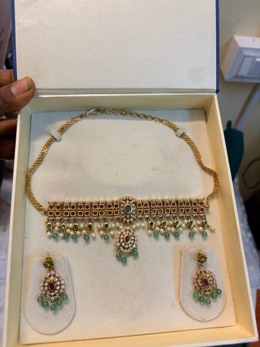 AD stones Ruby choker set with beads hanging