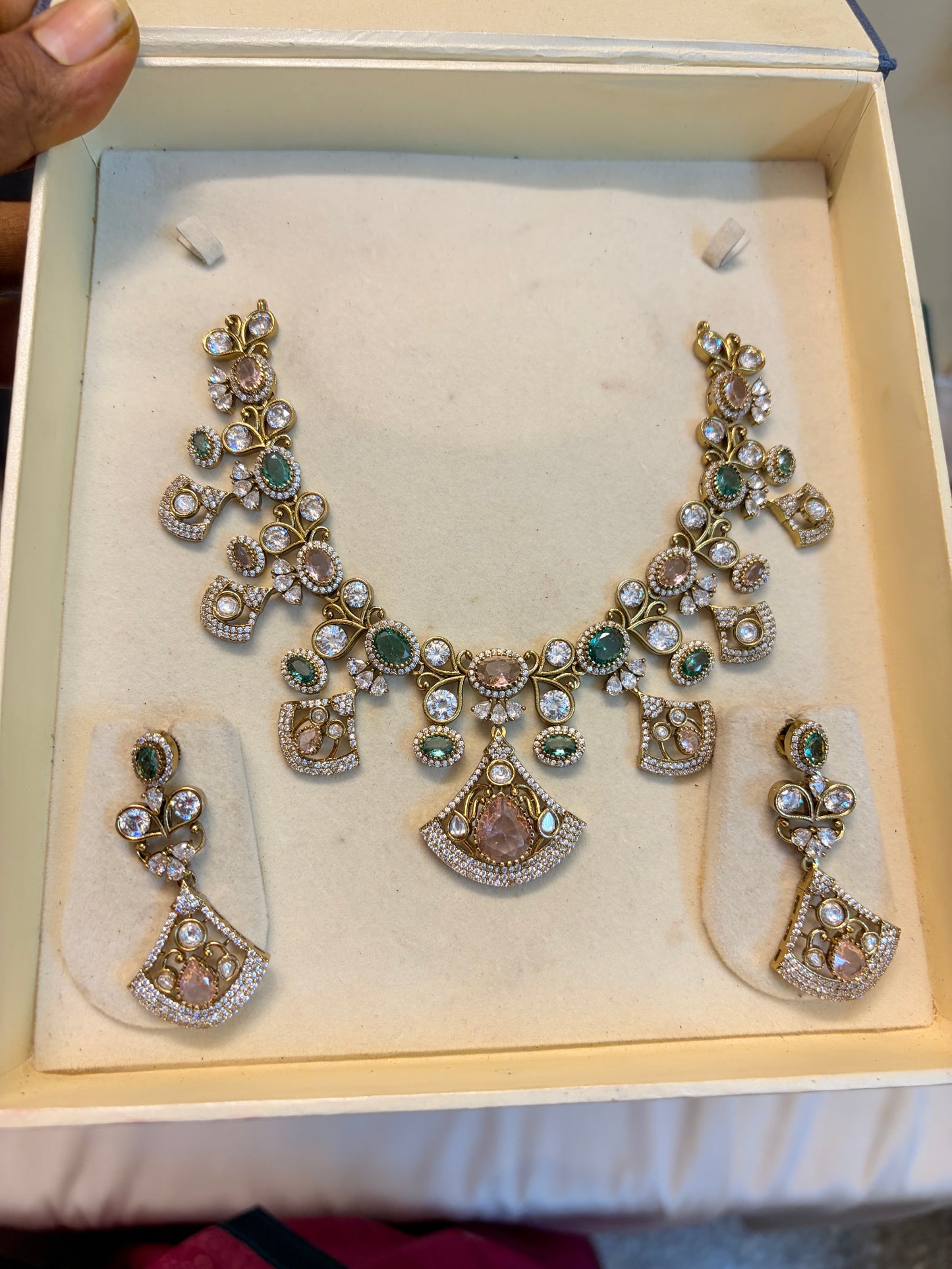 AD stones Blush pink mint green jadau necklace set