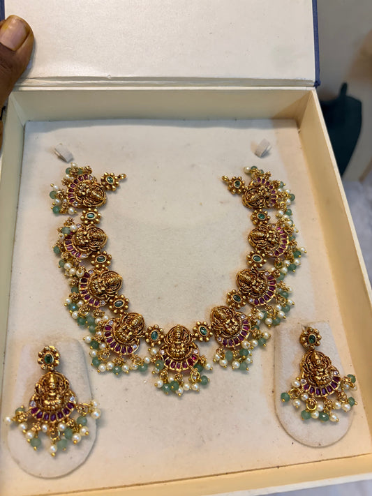 Traditional kemp stones jadau Lakshmi necklace set