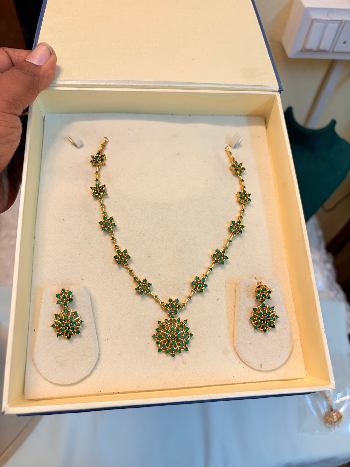 Emerald Cz stone gold plated necklace set