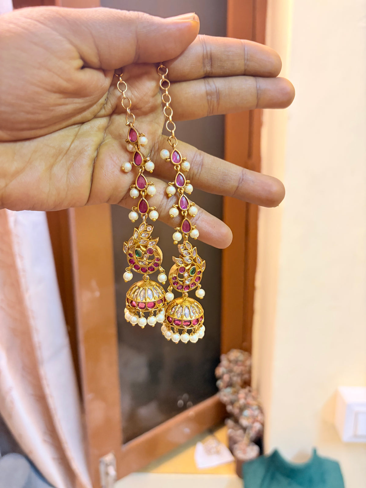 Antique Gold Peacock Kemp Stone Pearl Jhumka Ear Chain Earrings