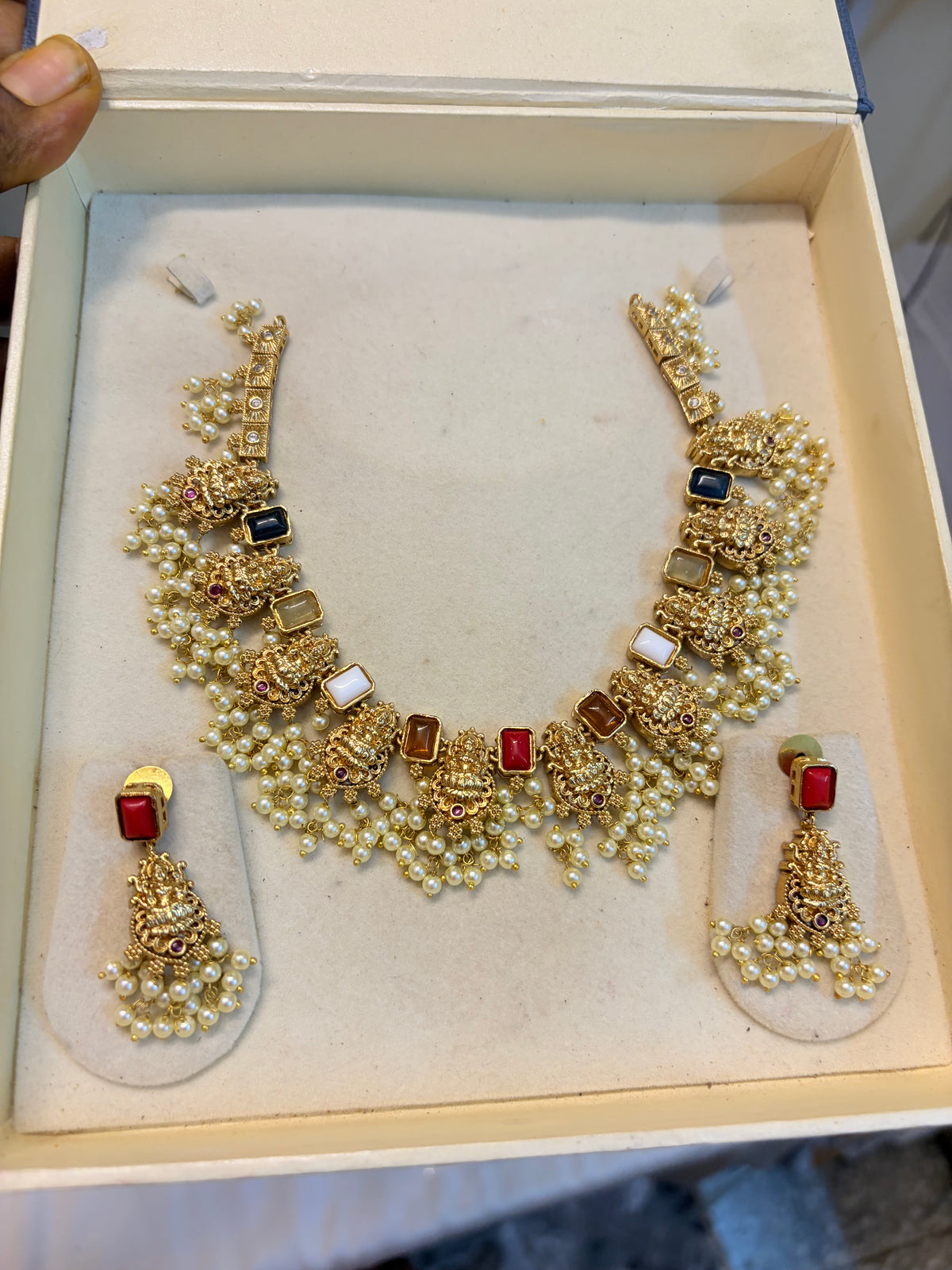 Gold Nakshi jadau Navaratna necklace set